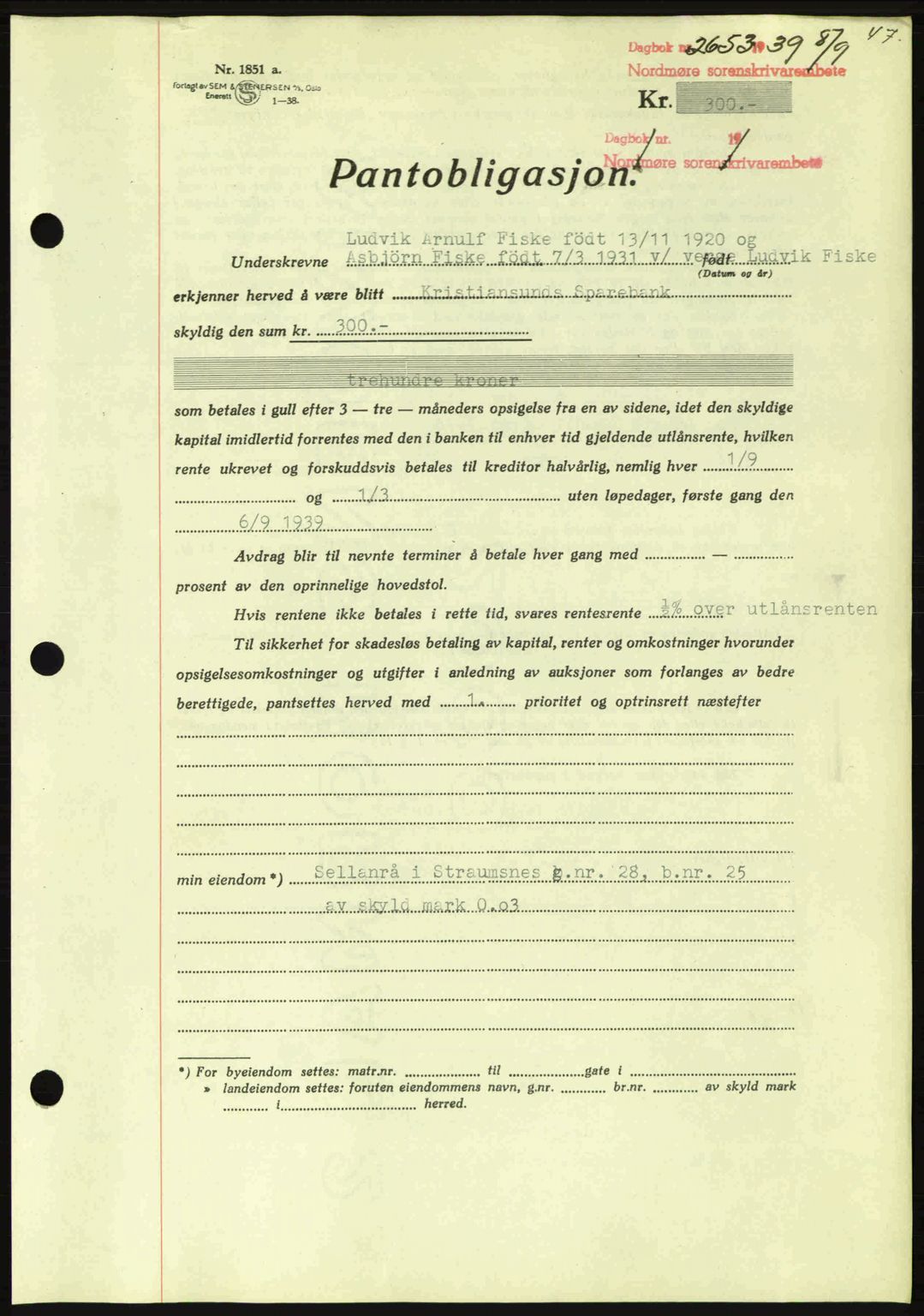 Nordmøre sorenskriveri, AV/SAT-A-4132/1/2/2Ca: Mortgage book no. B86, 1939-1940, Diary no: : 2653/1939