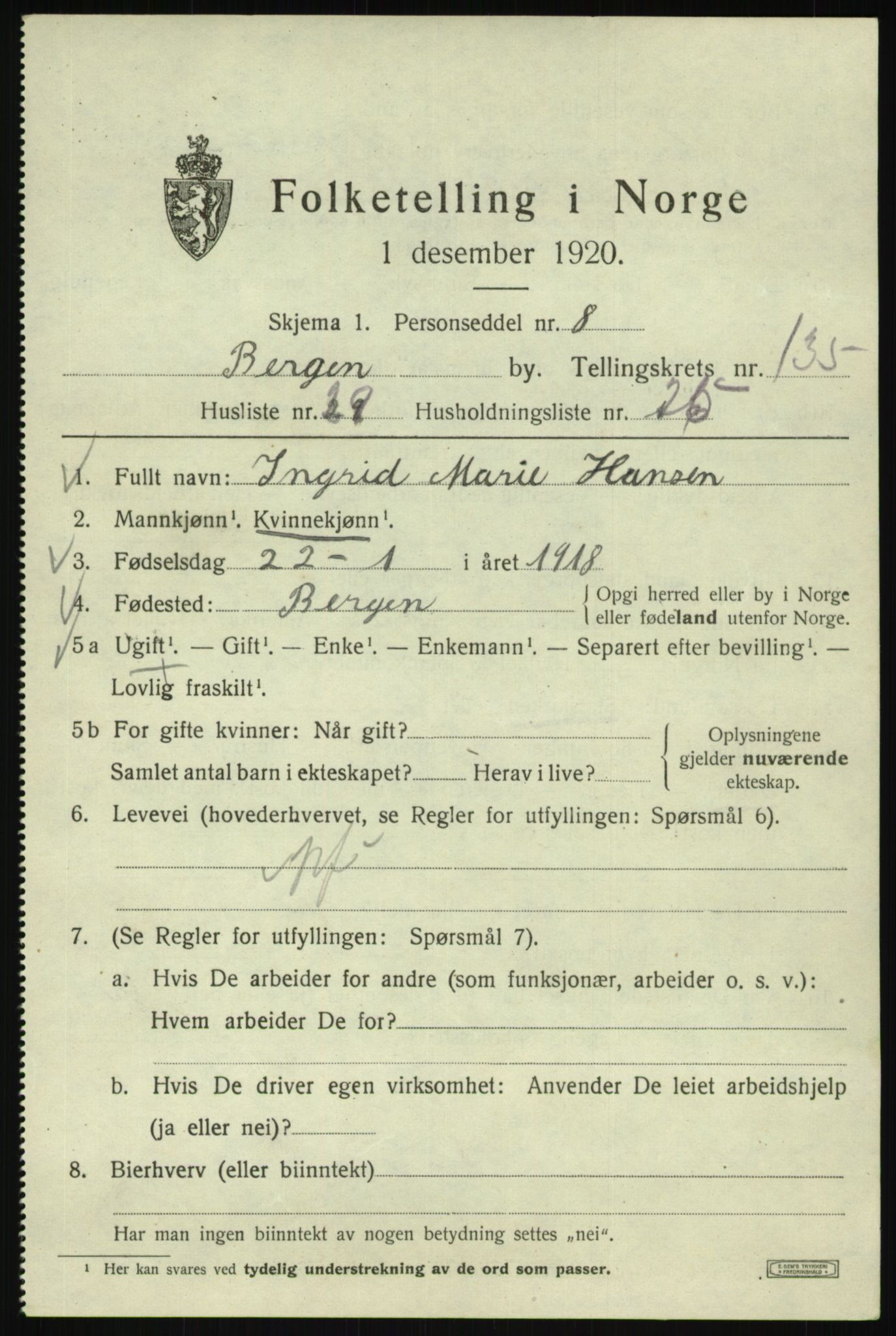 SAB, 1920 census for Bergen, 1920, p. 226738