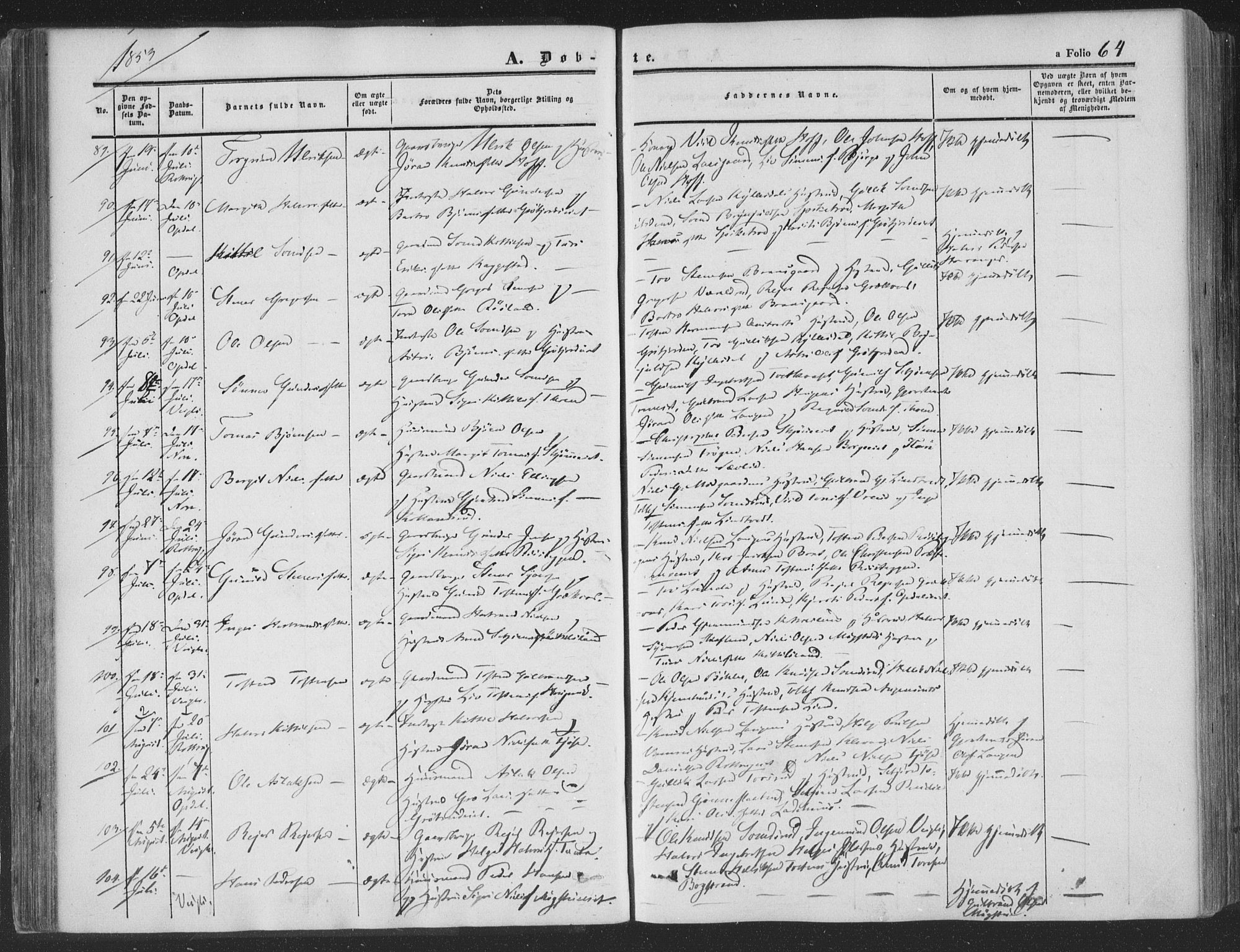 Rollag kirkebøker, AV/SAKO-A-240/F/Fa/L0008: Parish register (official) no. I 8, 1847-1860, p. 64