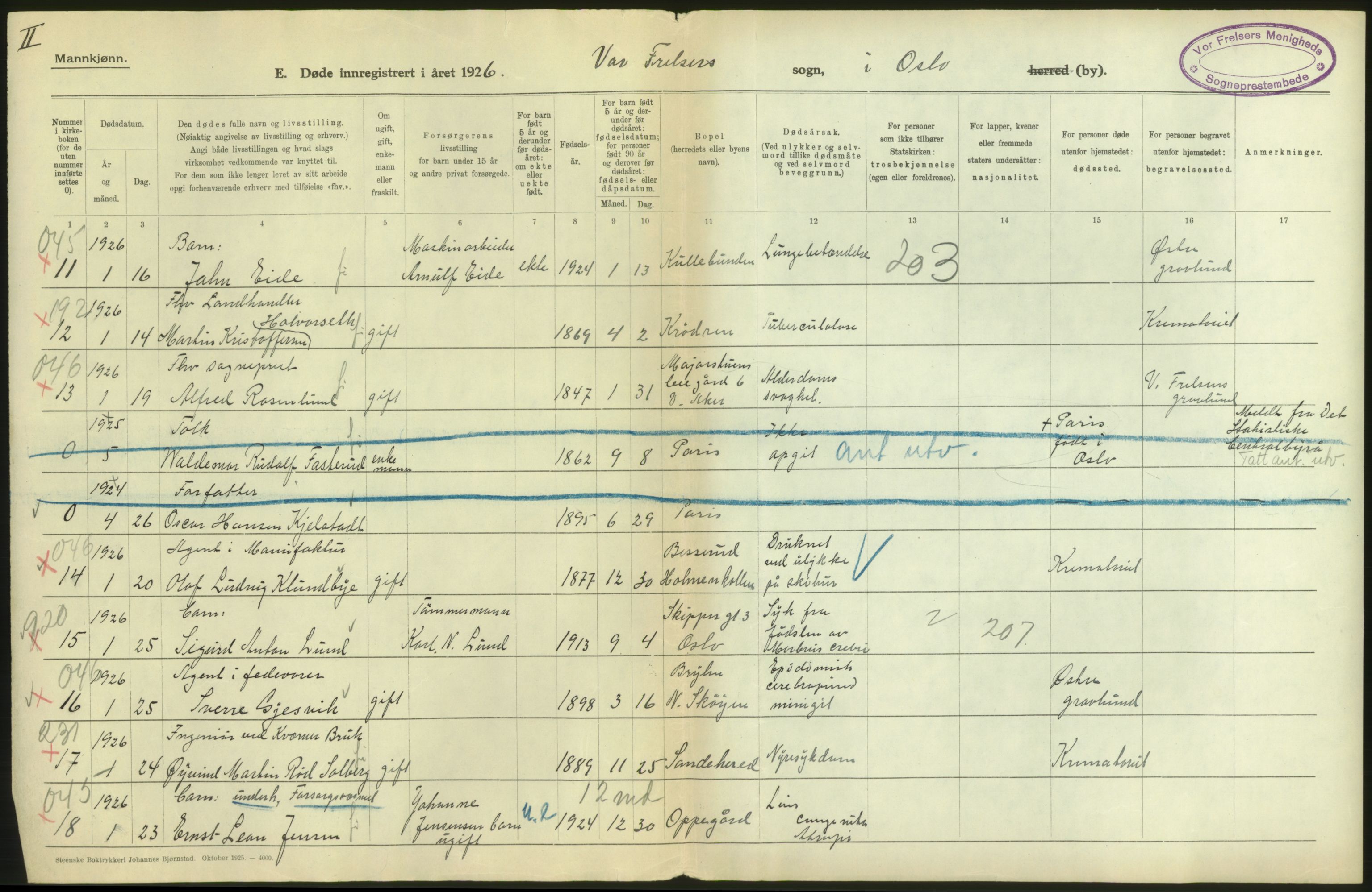 Statistisk sentralbyrå, Sosiodemografiske emner, Befolkning, AV/RA-S-2228/D/Df/Dfc/Dfcf/L0009: Oslo: Døde menn, 1926, p. 30