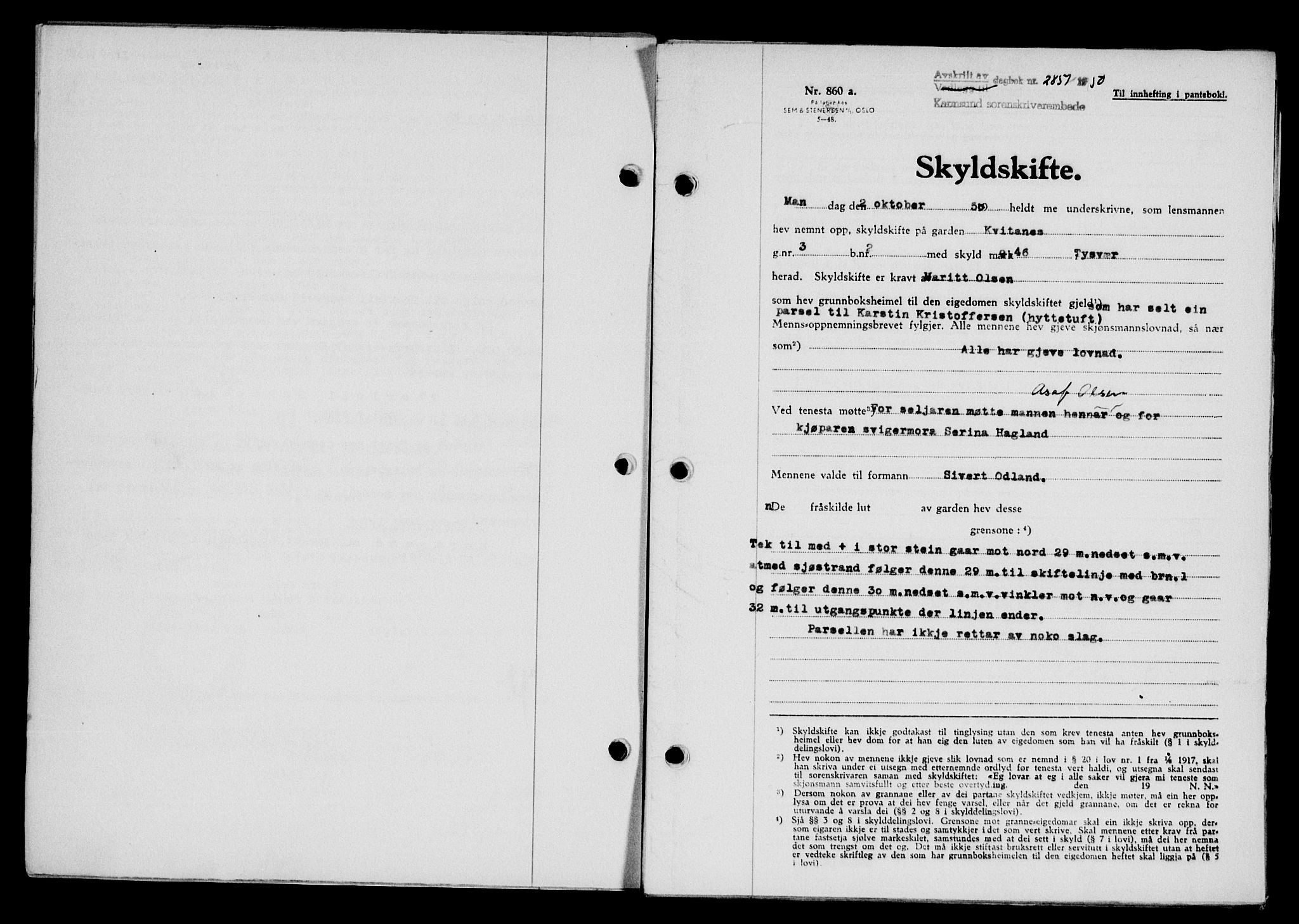 Karmsund sorenskriveri, SAST/A-100311/01/II/IIB/L0101: Mortgage book no. 81A, 1950-1951, Diary no: : 2851/1950
