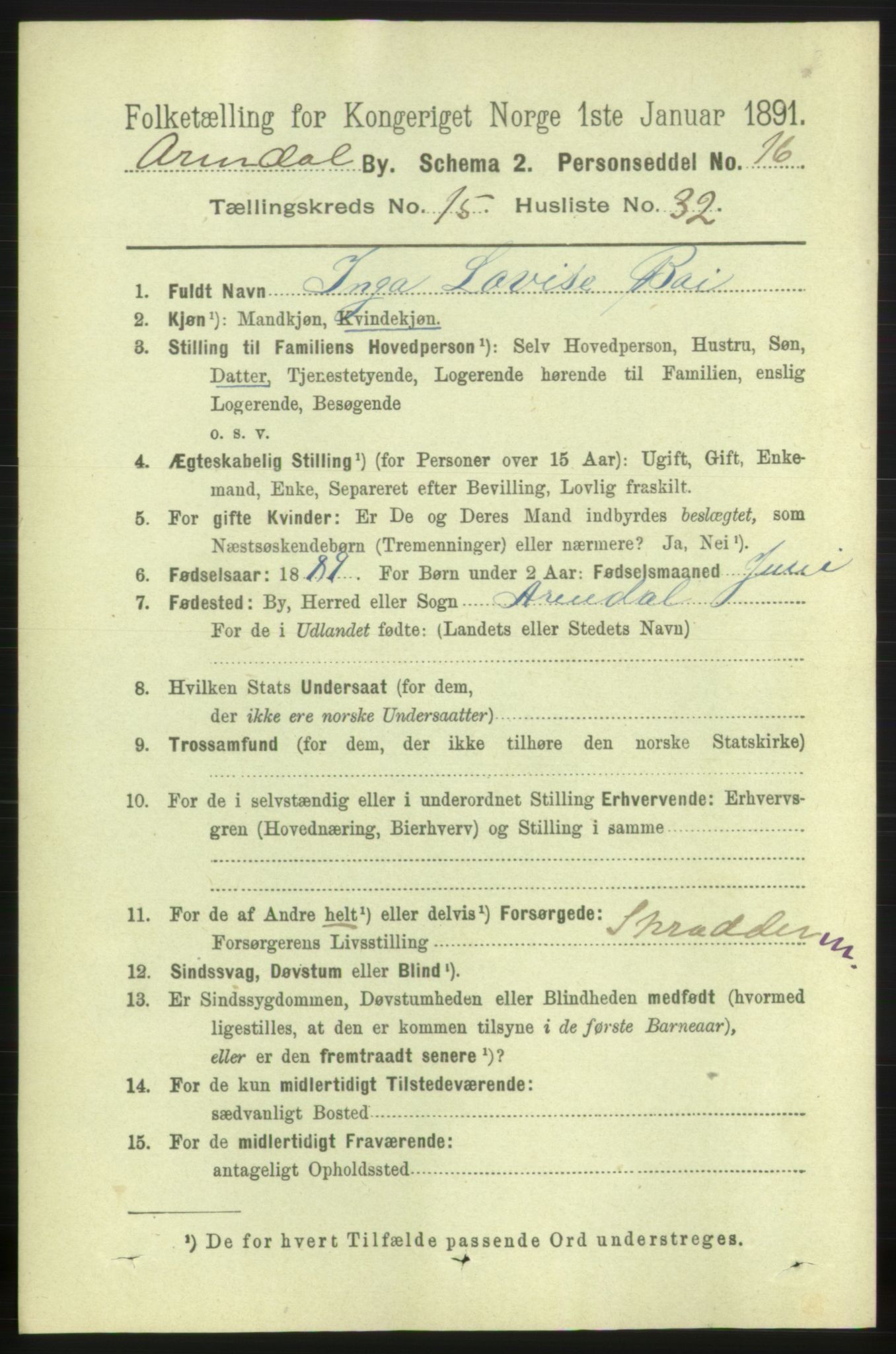 RA, 1891 census for 0903 Arendal, 1891, p. 5351