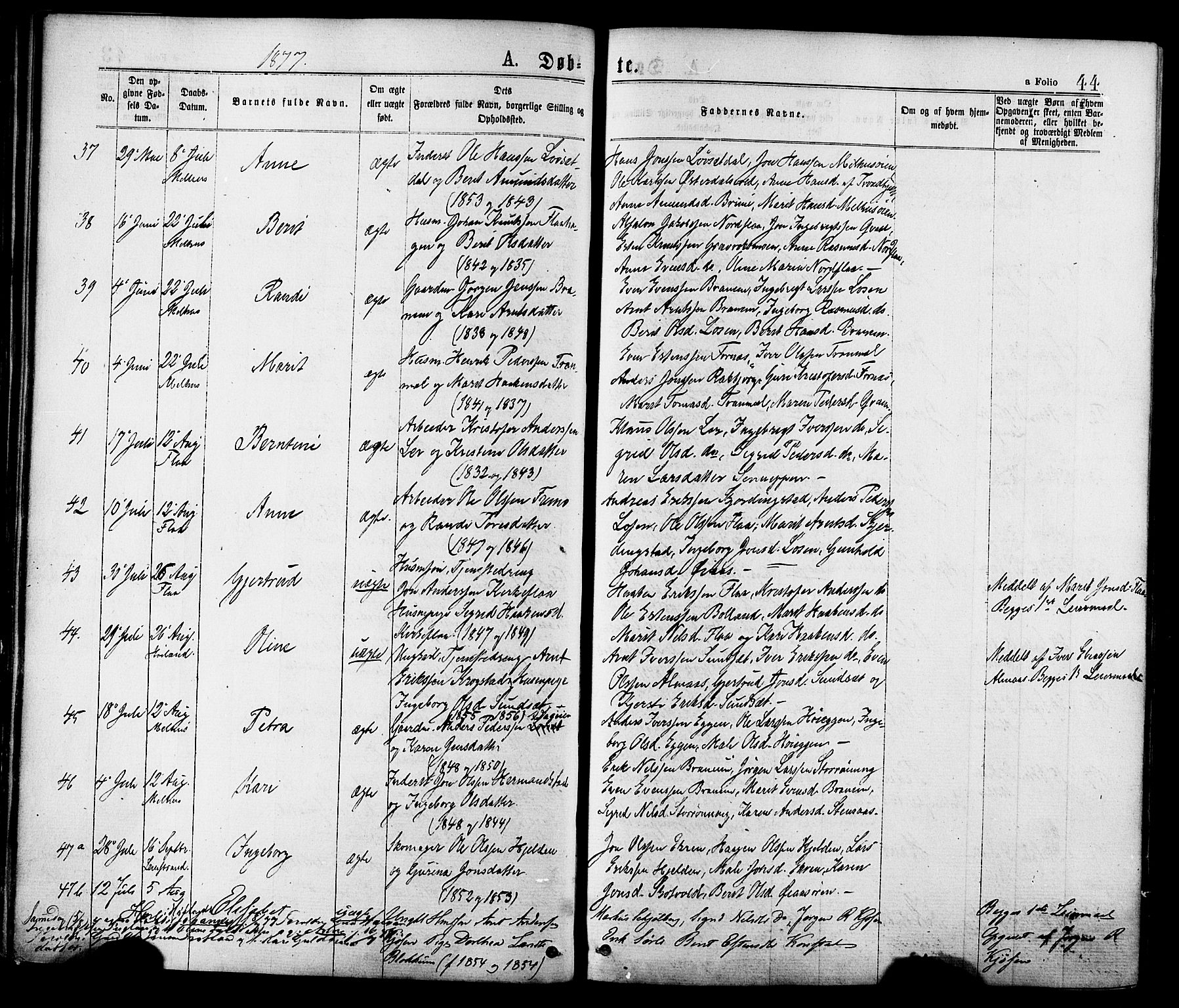 Ministerialprotokoller, klokkerbøker og fødselsregistre - Sør-Trøndelag, AV/SAT-A-1456/691/L1079: Parish register (official) no. 691A11, 1873-1886, p. 44