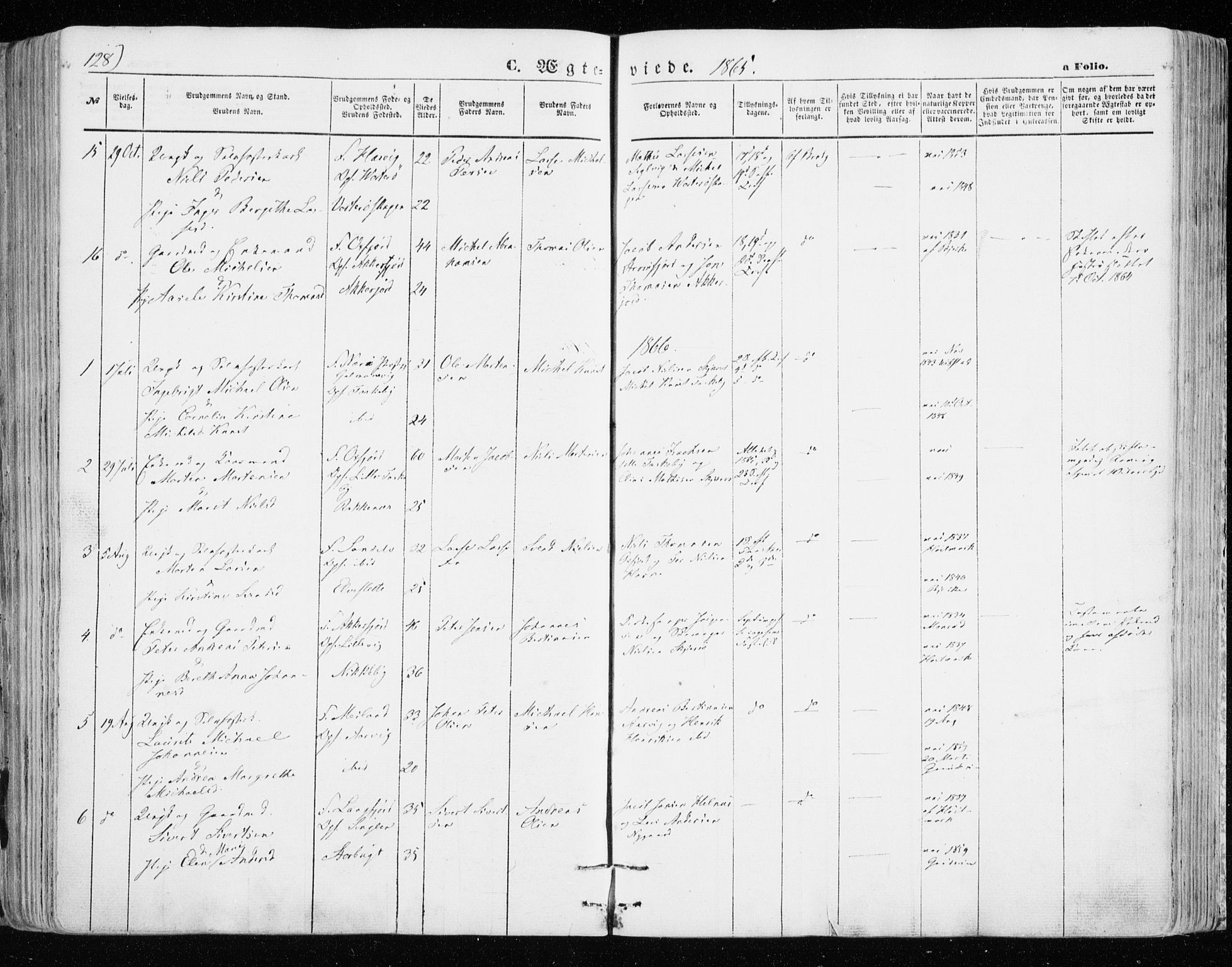 Skjervøy sokneprestkontor, AV/SATØ-S-1300/H/Ha/Haa/L0007kirke: Parish register (official) no. 7, 1860-1870, p. 128