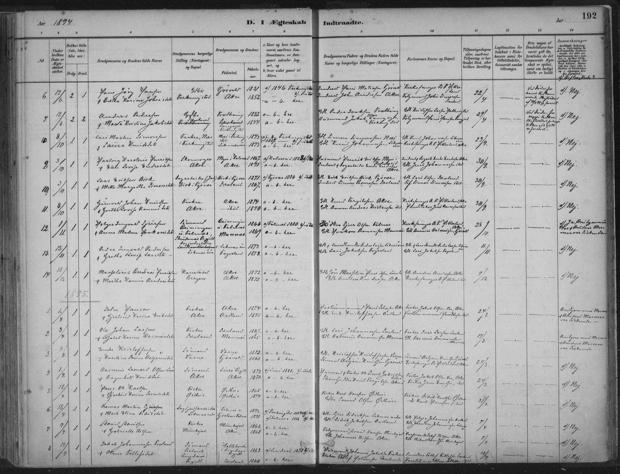 Kopervik sokneprestkontor, SAST/A-101850/H/Ha/Haa/L0004: Parish register (official) no. A 4, 1882-1905, p. 192