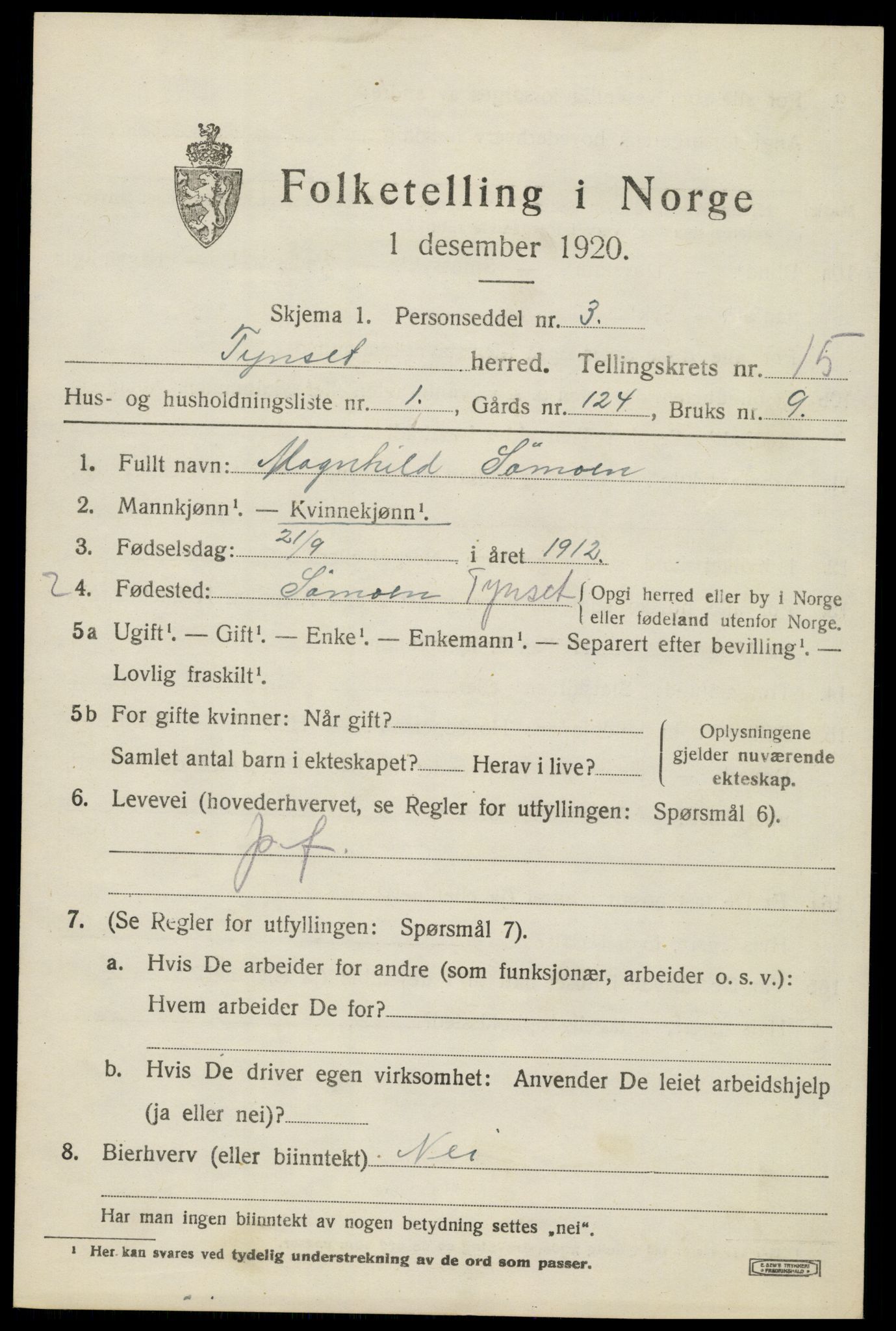 SAH, 1920 census for Tynset, 1920, p. 9230