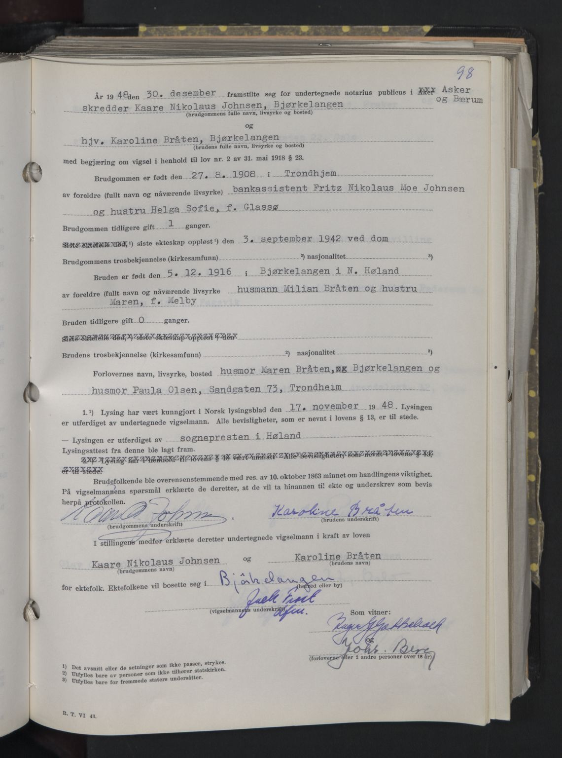 Asker og Bærum sorenskriveri, AV/SAO-A-10379a/L/Lb/Lba/L0001: Vigselsprotokoller, 1948-1952, p. 98