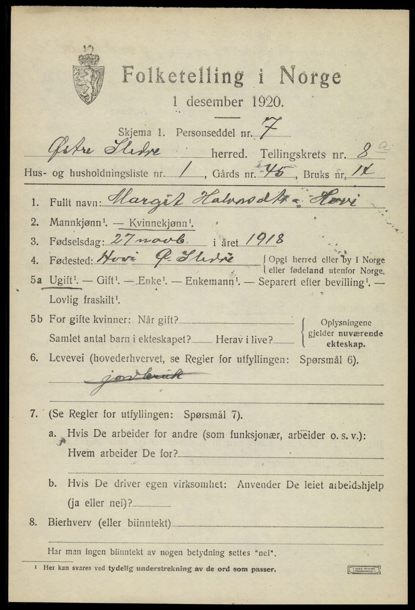 SAH, 1920 census for Øystre Slidre, 1920, p. 4773