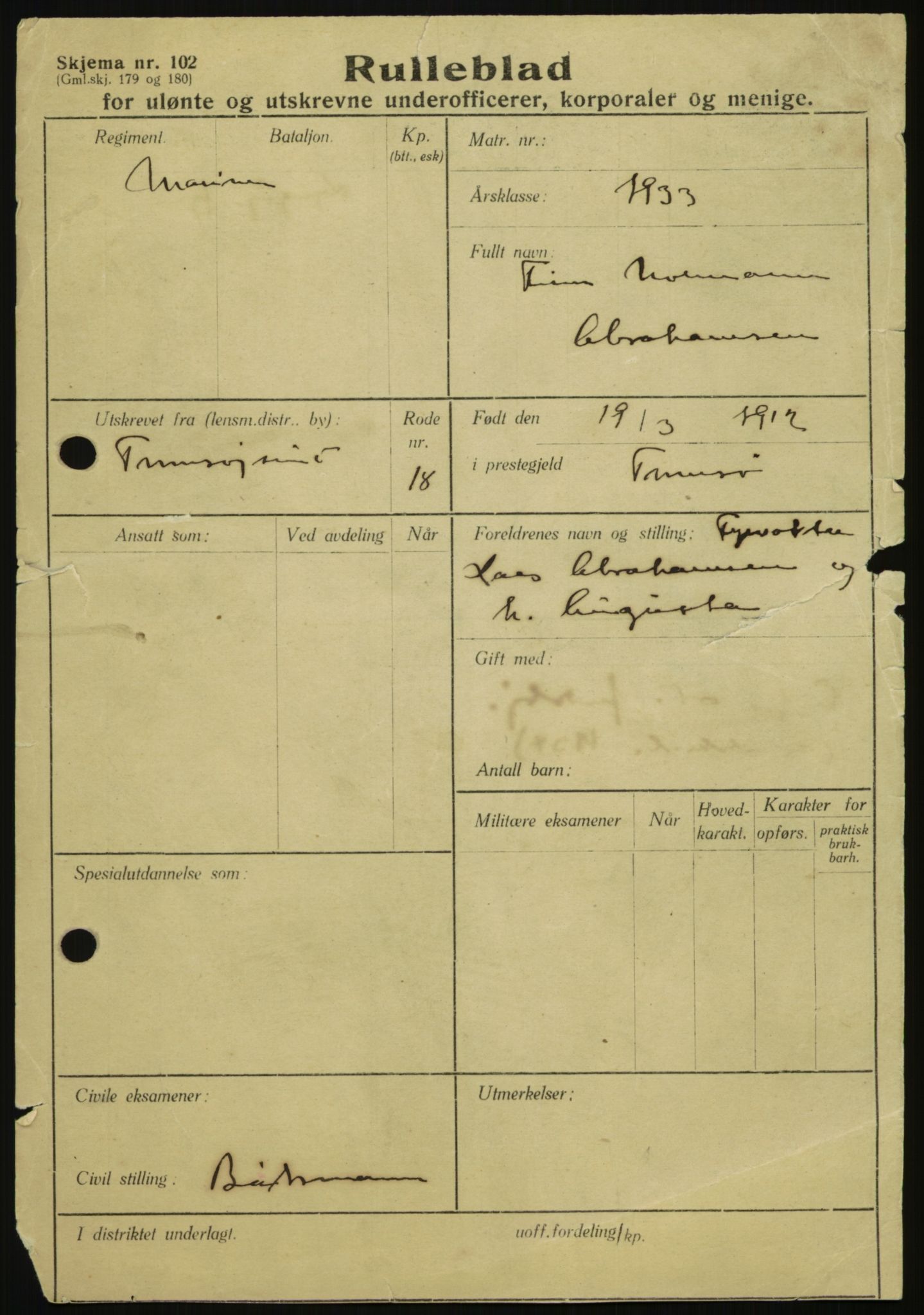 Forsvaret, Troms infanteriregiment nr. 16, AV/RA-RAFA-3146/P/Pa/L0017: Rulleblad for regimentets menige mannskaper, årsklasse 1933, 1933, p. 3