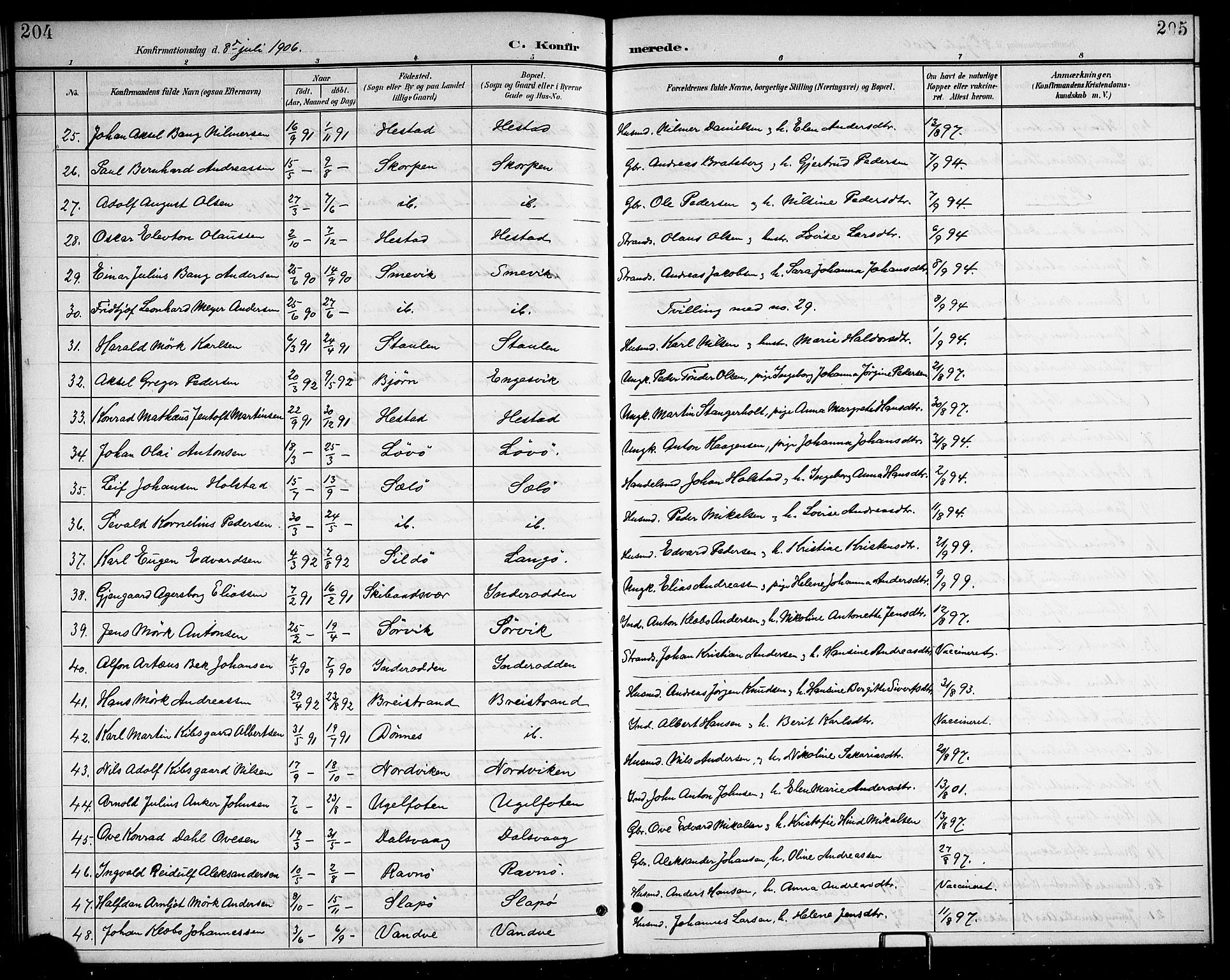 Ministerialprotokoller, klokkerbøker og fødselsregistre - Nordland, SAT/A-1459/834/L0516: Parish register (copy) no. 834C06, 1902-1918, p. 204-205