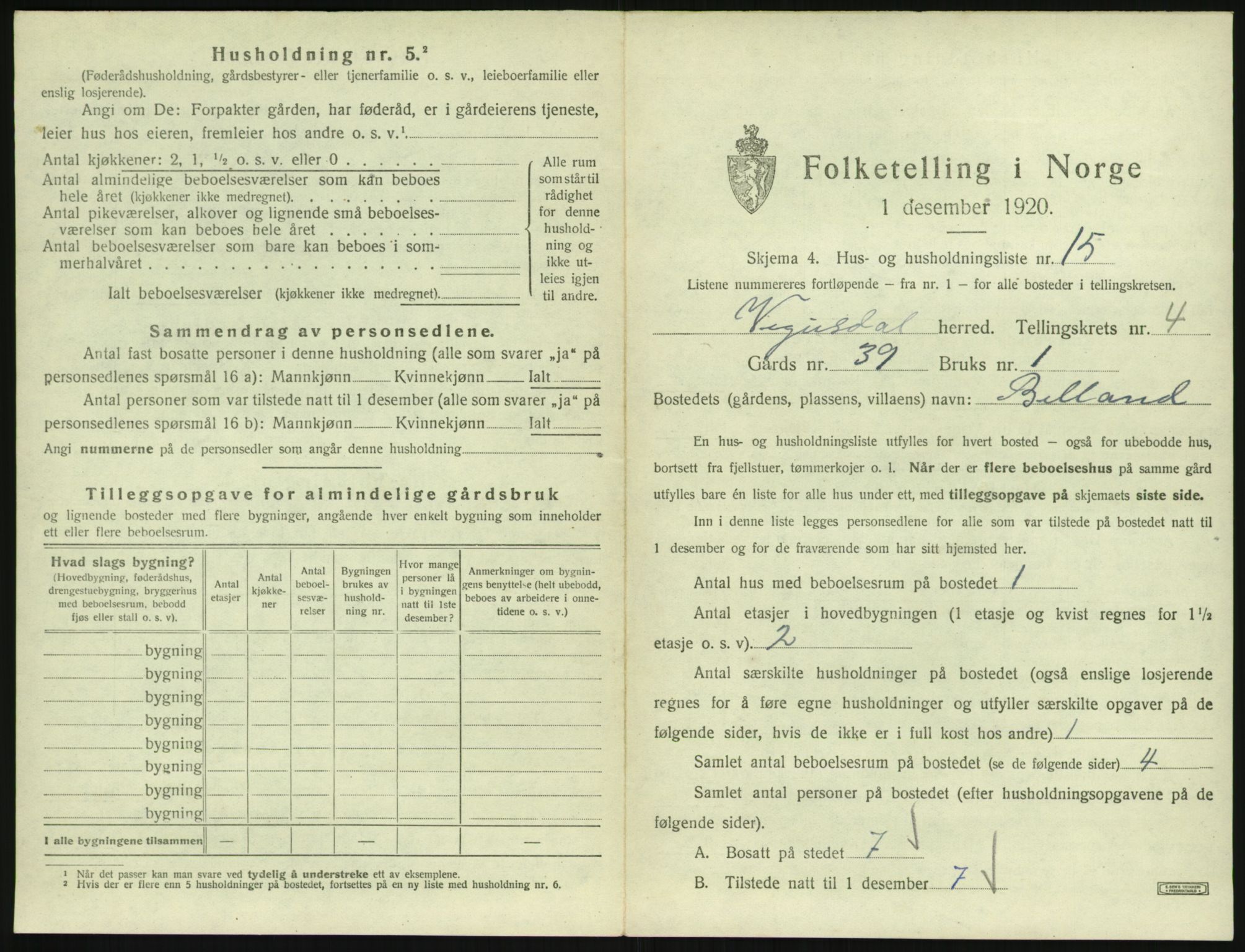 SAK, 1920 census for Vegusdal, 1920, p. 193