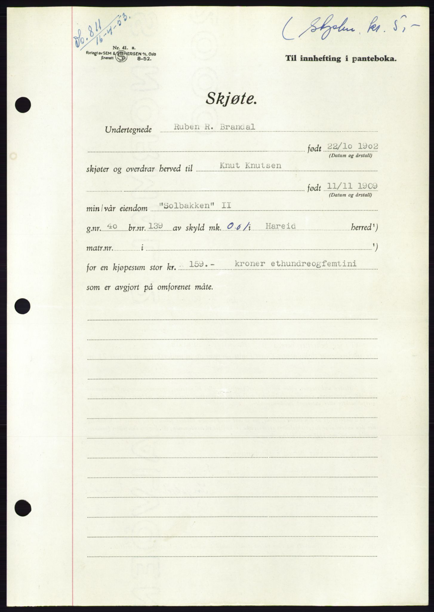 Søre Sunnmøre sorenskriveri, AV/SAT-A-4122/1/2/2C/L0094: Mortgage book no. 20A, 1953-1953, Diary no: : 811/1953