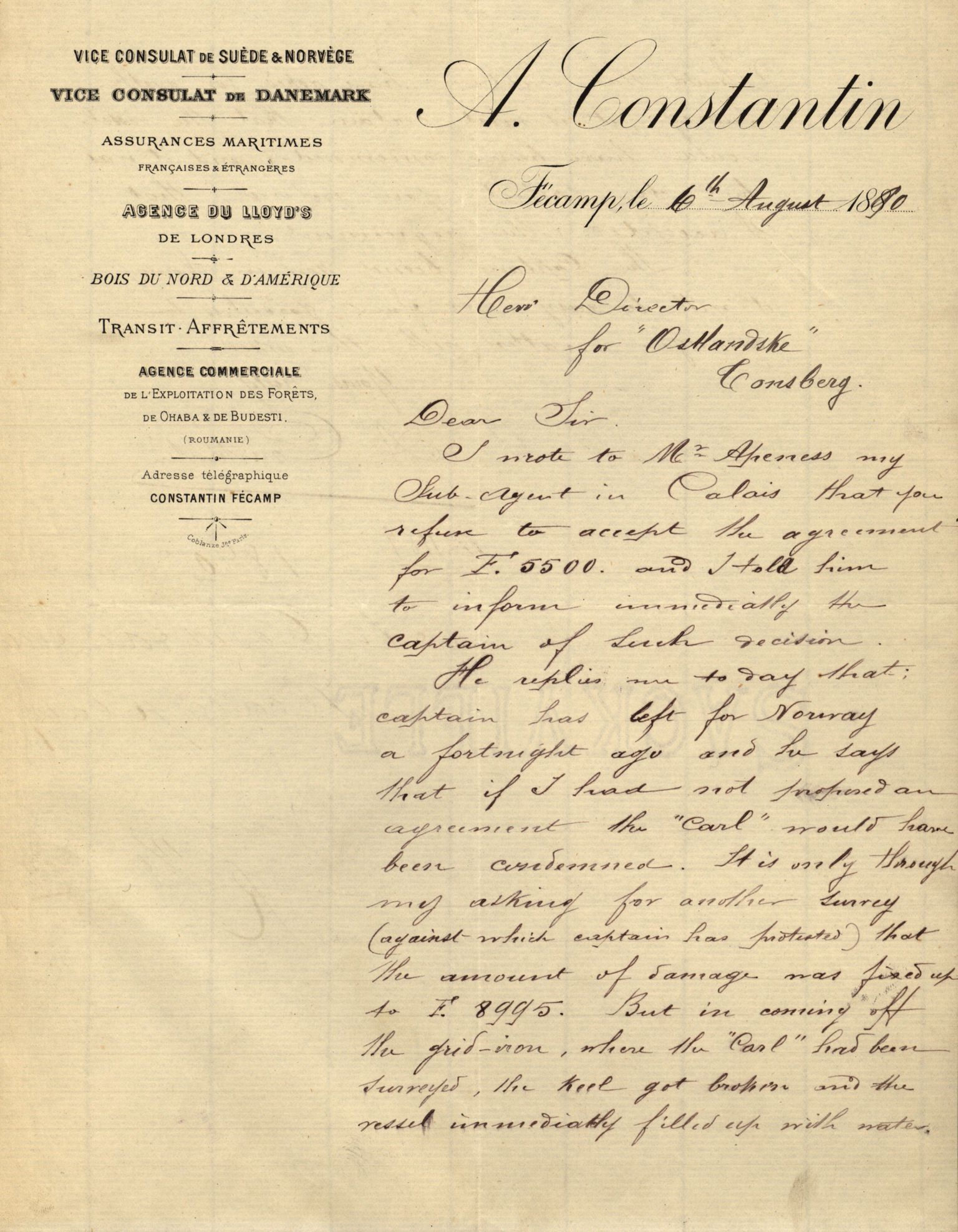 Pa 63 - Østlandske skibsassuranceforening, VEMU/A-1079/G/Ga/L0025/0003: Havaridokumenter / Josephine, Carl, Johanna, Castro, Comorin, Corona, 1890, p. 10