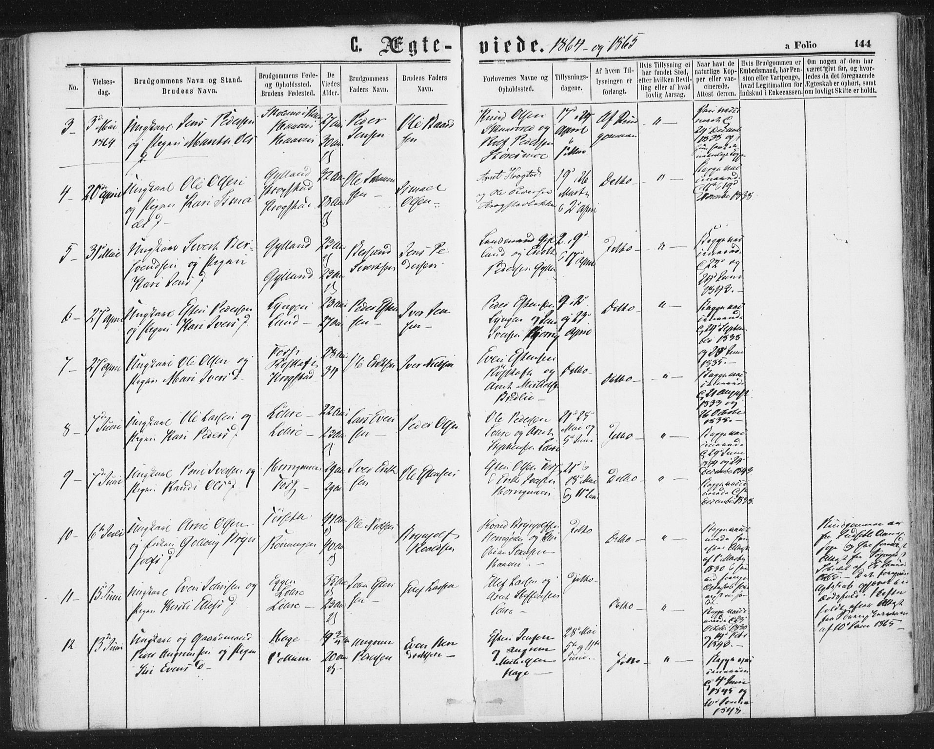 Ministerialprotokoller, klokkerbøker og fødselsregistre - Sør-Trøndelag, SAT/A-1456/692/L1104: Parish register (official) no. 692A04, 1862-1878, p. 144