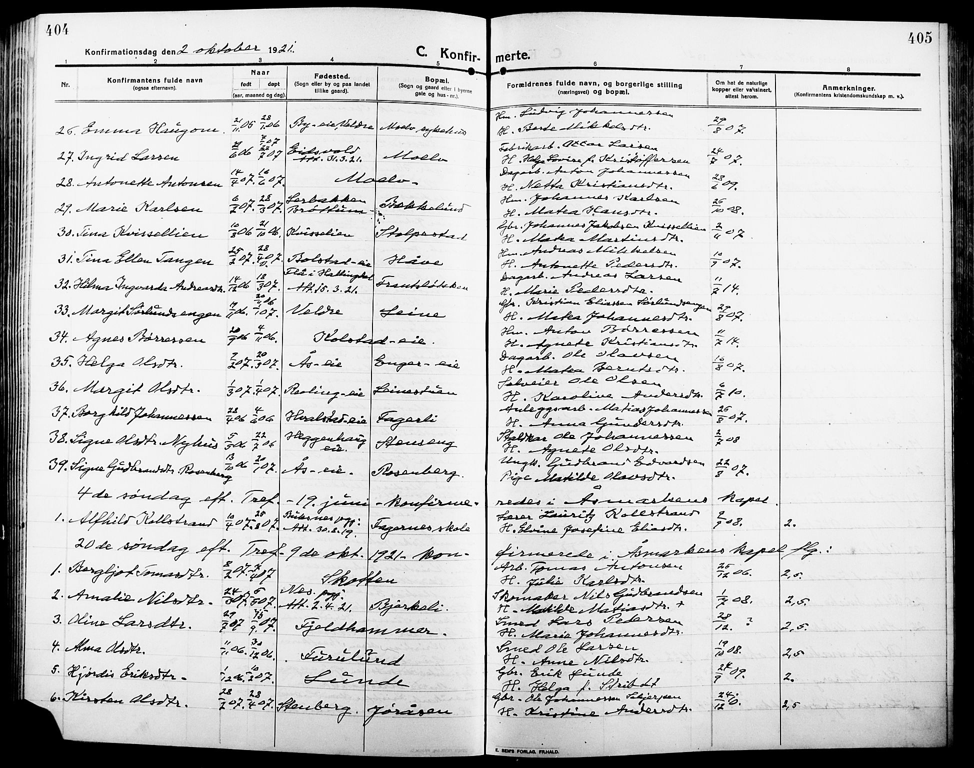 Ringsaker prestekontor, AV/SAH-PREST-014/L/La/L0018: Parish register (copy) no. 18, 1913-1922, p. 404-405