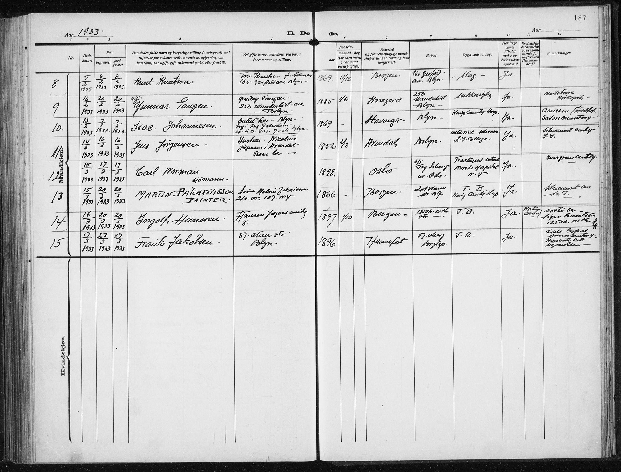 Den norske sjømannsmisjon i utlandet/New York, SAB/SAB/PA-0110/H/Ha/L0008: Parish register (official) no. A 8, 1923-1935, p. 187