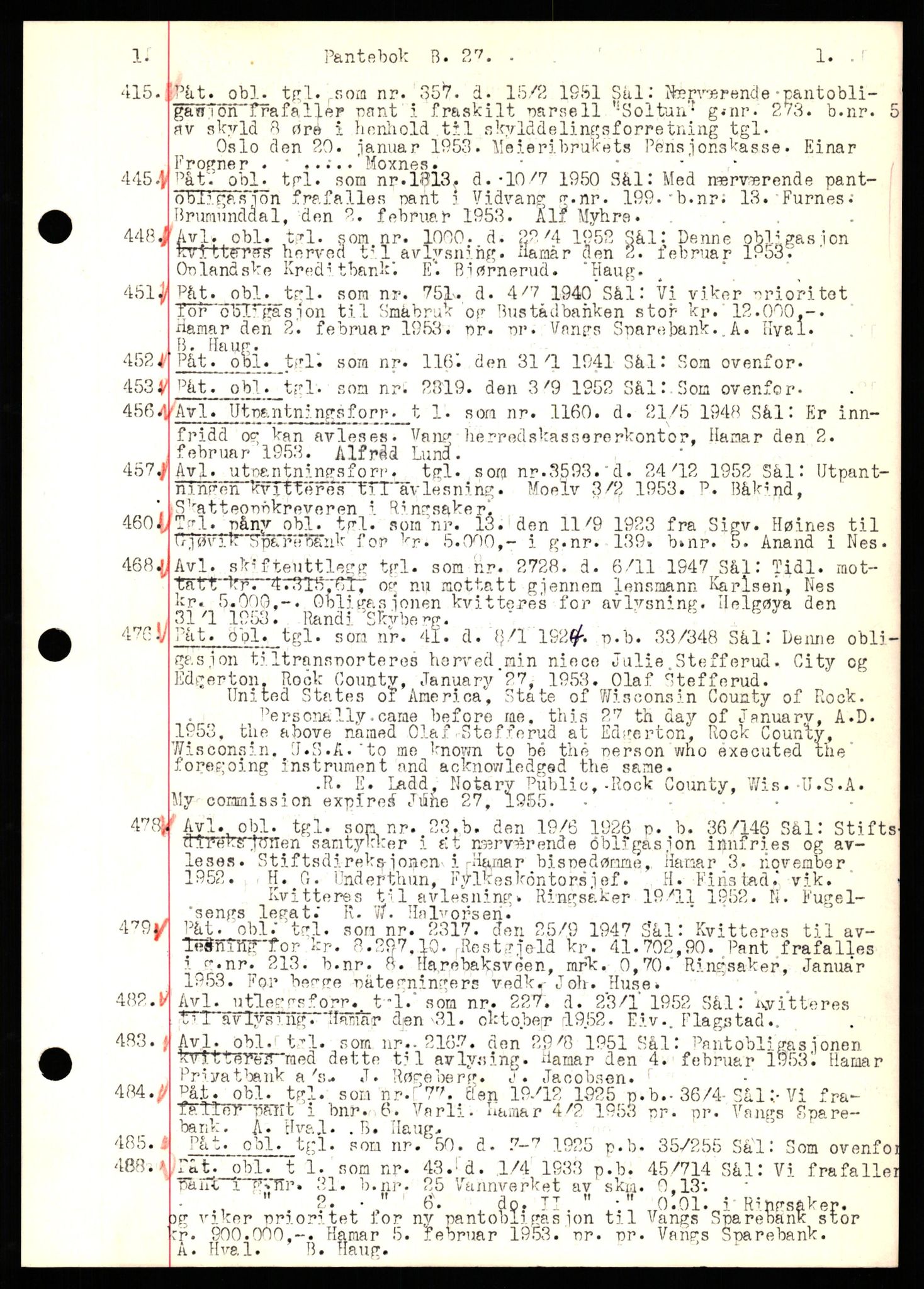 Nord-Hedmark sorenskriveri, SAH/TING-012/H/Hb/Hbf/L0027: Mortgage book no. B27, 1953-1953, Diary no: : 415/1953