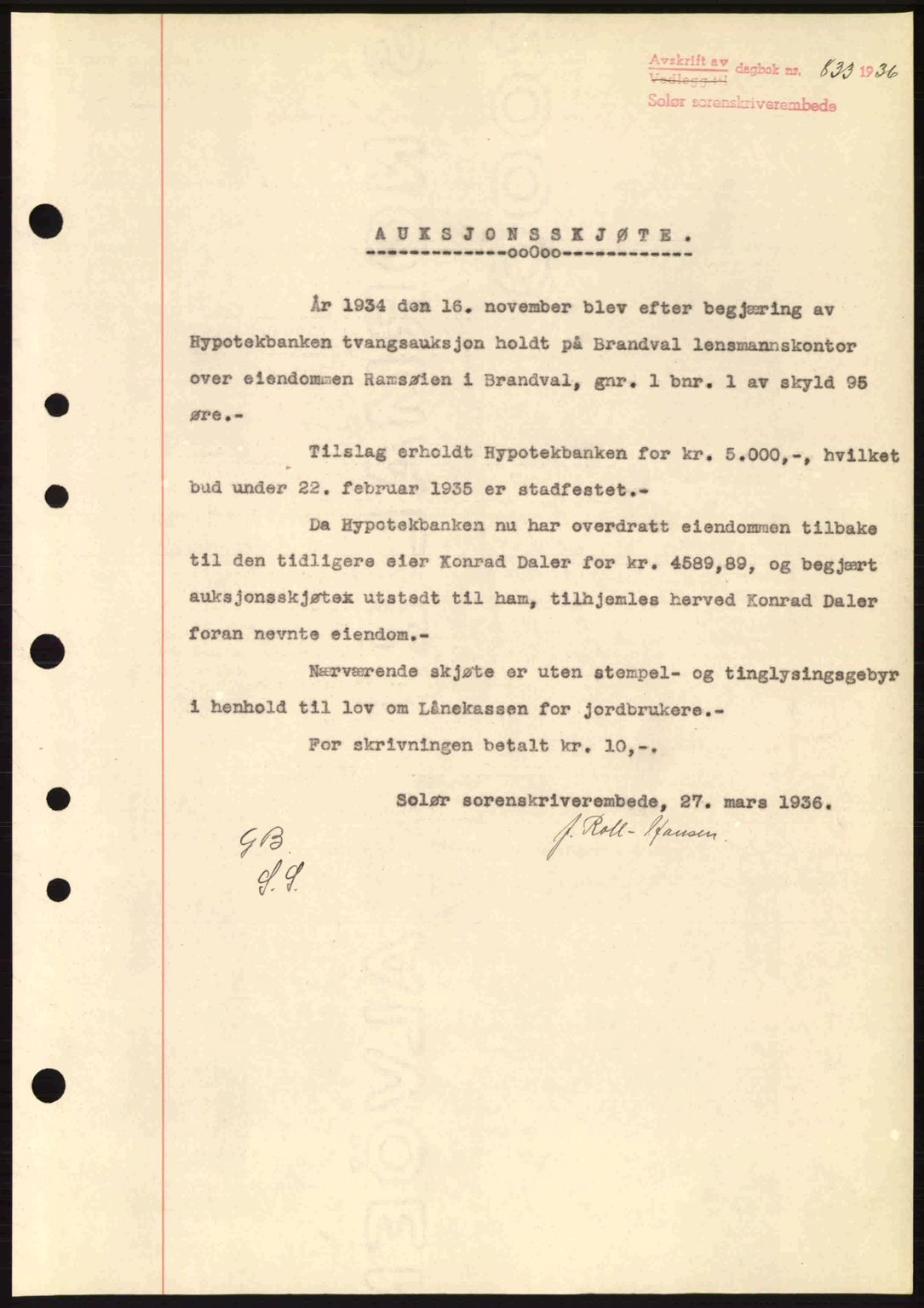 Solør tingrett, SAH/TING-008/H/Hb/Hbc/L0001: Mortgage book no. A1-A4, 1936-1938, Diary no: : 833/1936