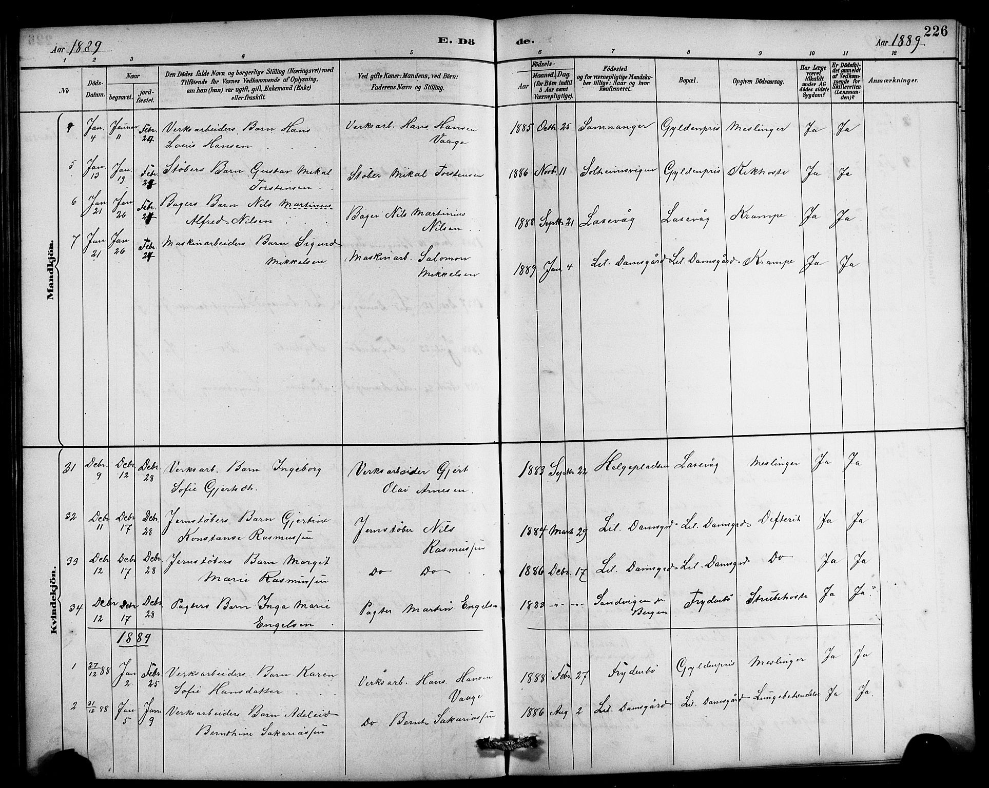 Laksevåg Sokneprestembete, SAB/A-76501/H/Ha/Hab/Haba/L0003: Parish register (copy) no. A 3, 1887-1899, p. 226