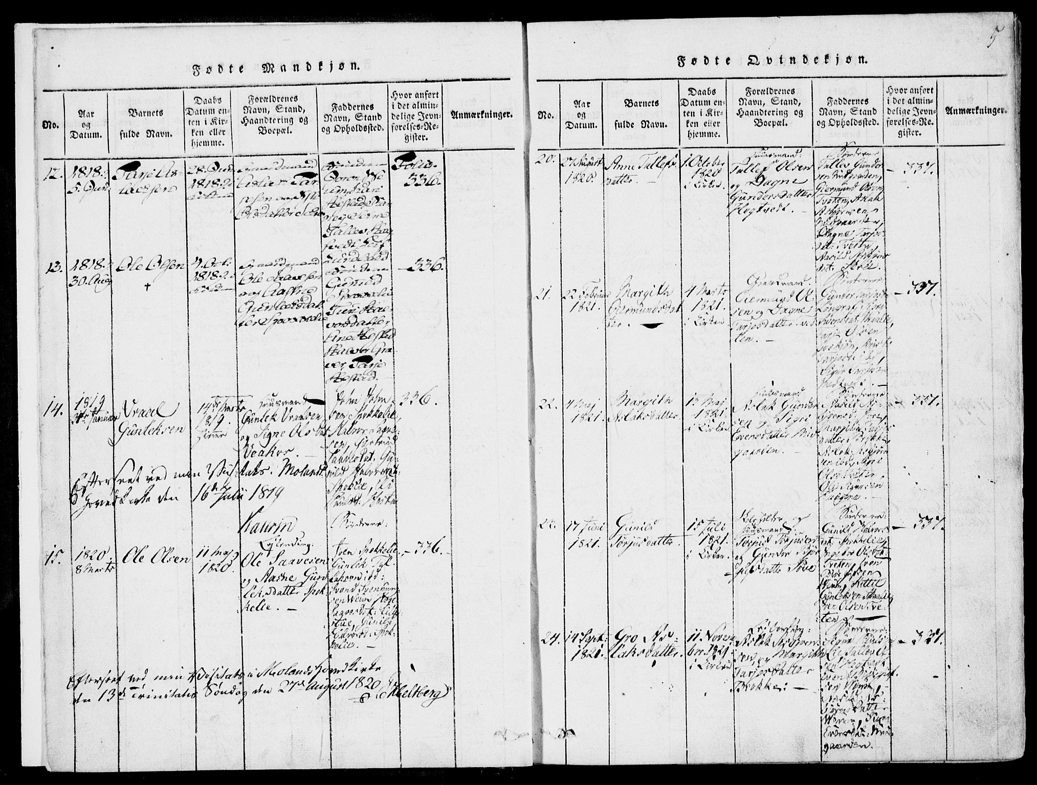 Fyresdal kirkebøker, SAKO/A-263/F/Fb/L0001: Parish register (official) no. II 1, 1815-1854, p. 5