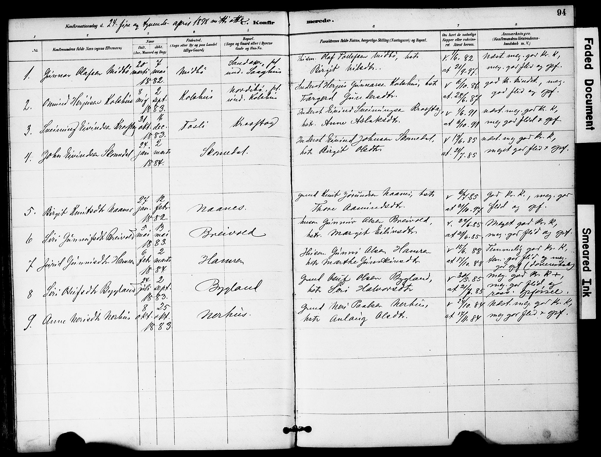 Bygland sokneprestkontor, AV/SAK-1111-0006/F/Fa/Fab/L0007: Parish register (official) no. A 7, 1885-1909, p. 94