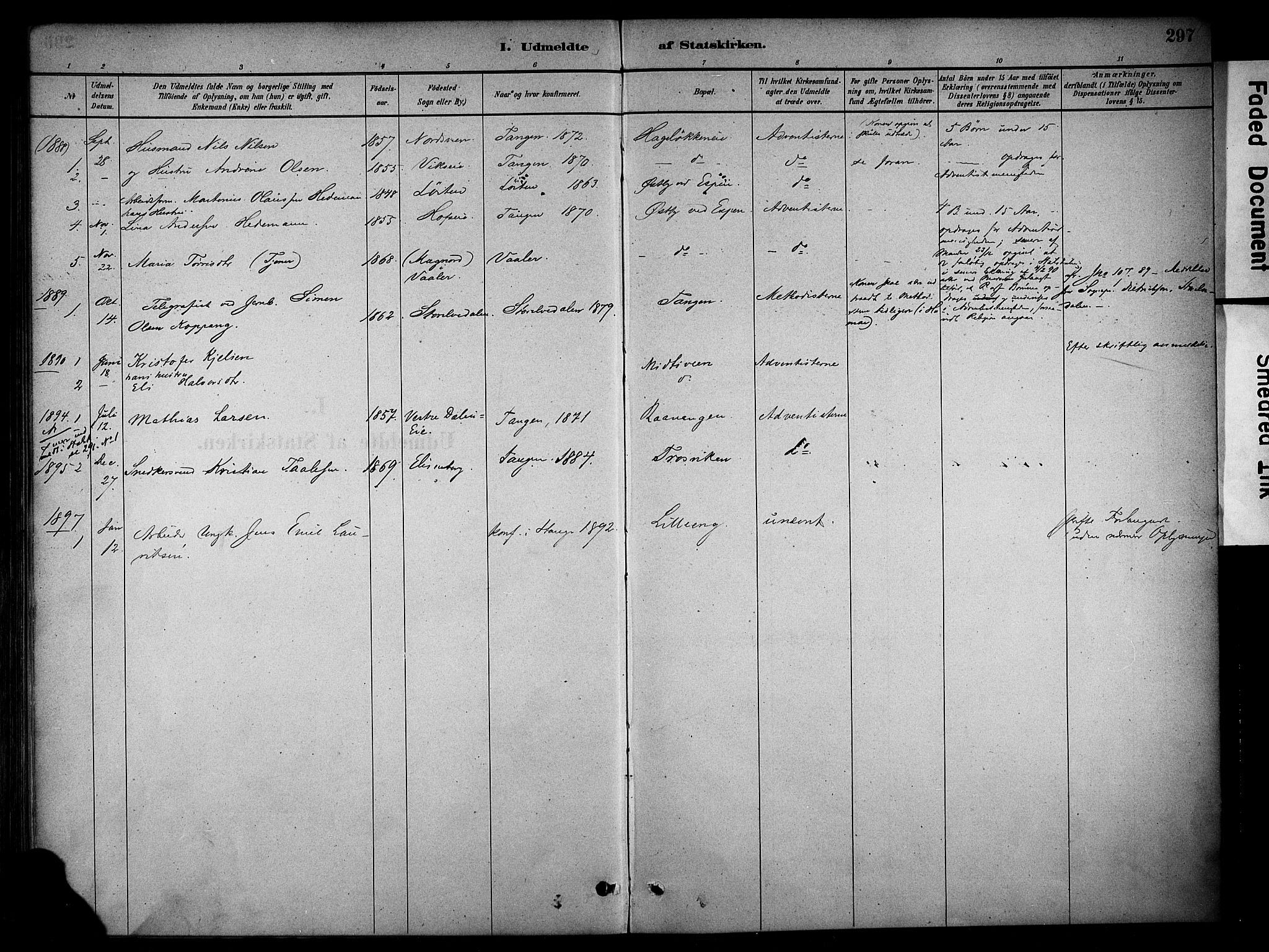 Stange prestekontor, SAH/PREST-002/K/L0018: Parish register (official) no. 18, 1880-1896, p. 297