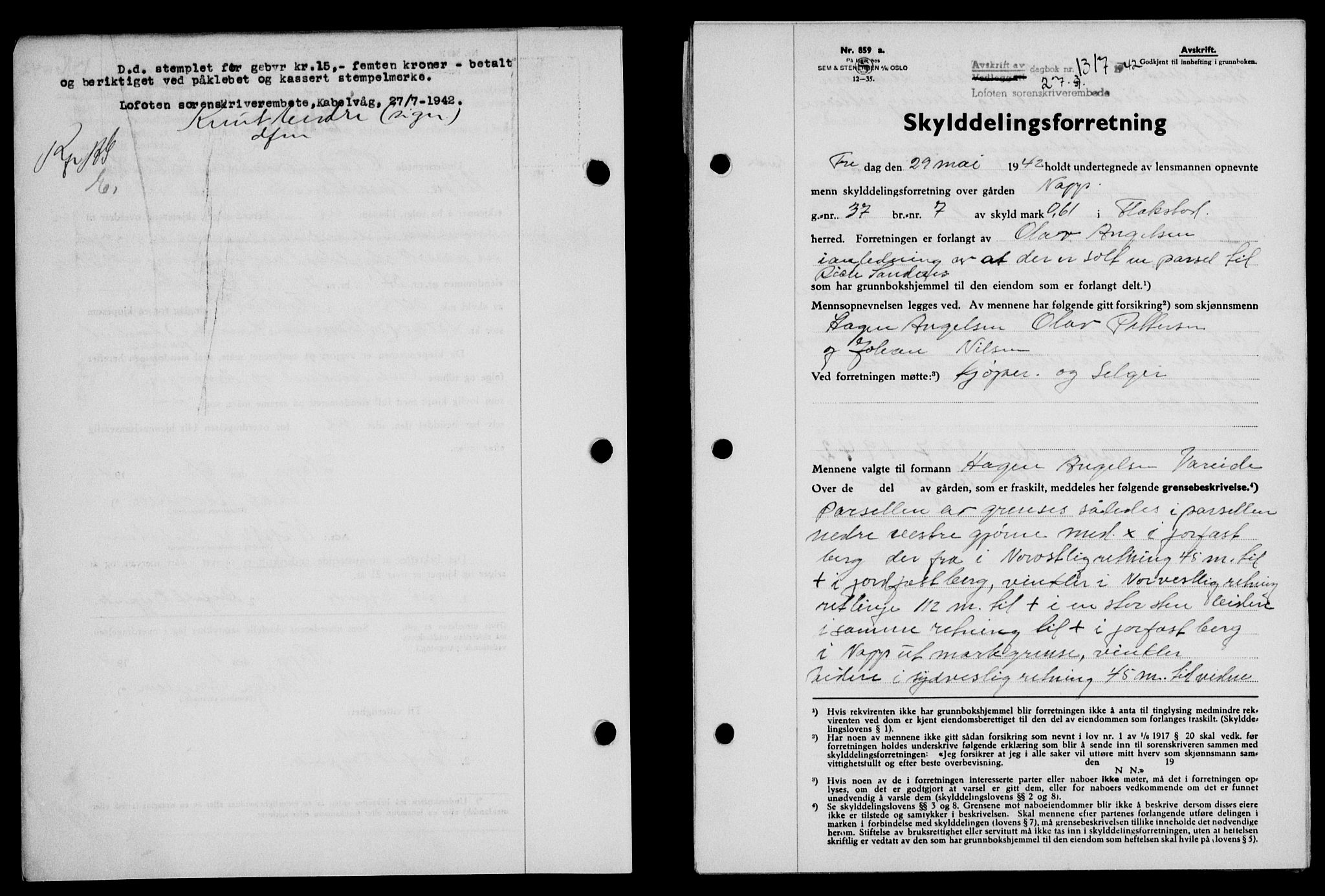Lofoten sorenskriveri, SAT/A-0017/1/2/2C/L0010a: Mortgage book no. 10a, 1942-1943, Diary no: : 1317/1942