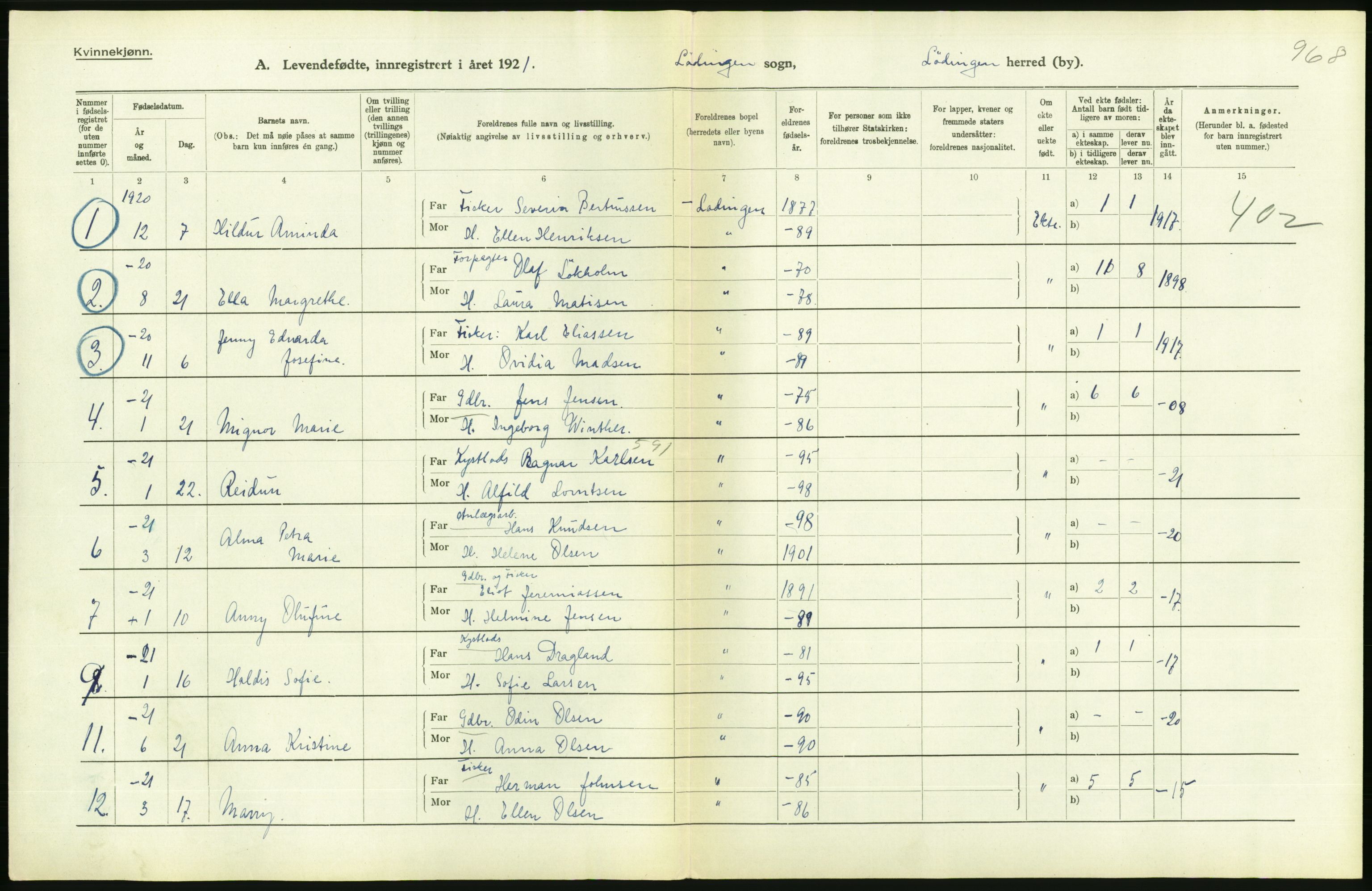 Statistisk sentralbyrå, Sosiodemografiske emner, Befolkning, AV/RA-S-2228/D/Df/Dfc/Dfca/L0049: Nordland fylke: Levendefødte menn og kvinner. Bygder., 1921, p. 294