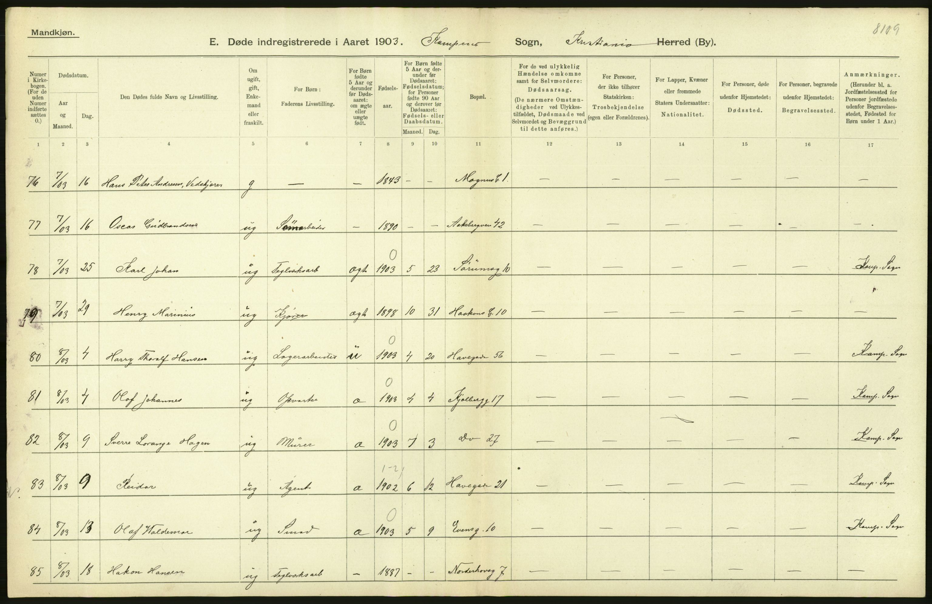 Statistisk sentralbyrå, Sosiodemografiske emner, Befolkning, AV/RA-S-2228/D/Df/Dfa/Dfaa/L0004: Kristiania: Gifte, døde, 1903, p. 244