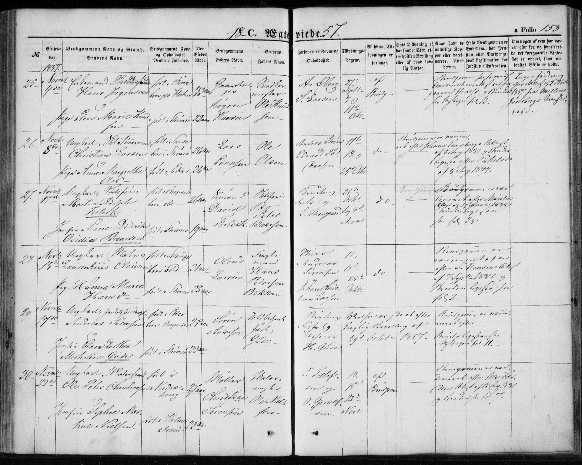 Strømsø kirkebøker, AV/SAKO-A-246/F/Fa/L0017: Parish register (official) no. I 17, 1848-1865, p. 153