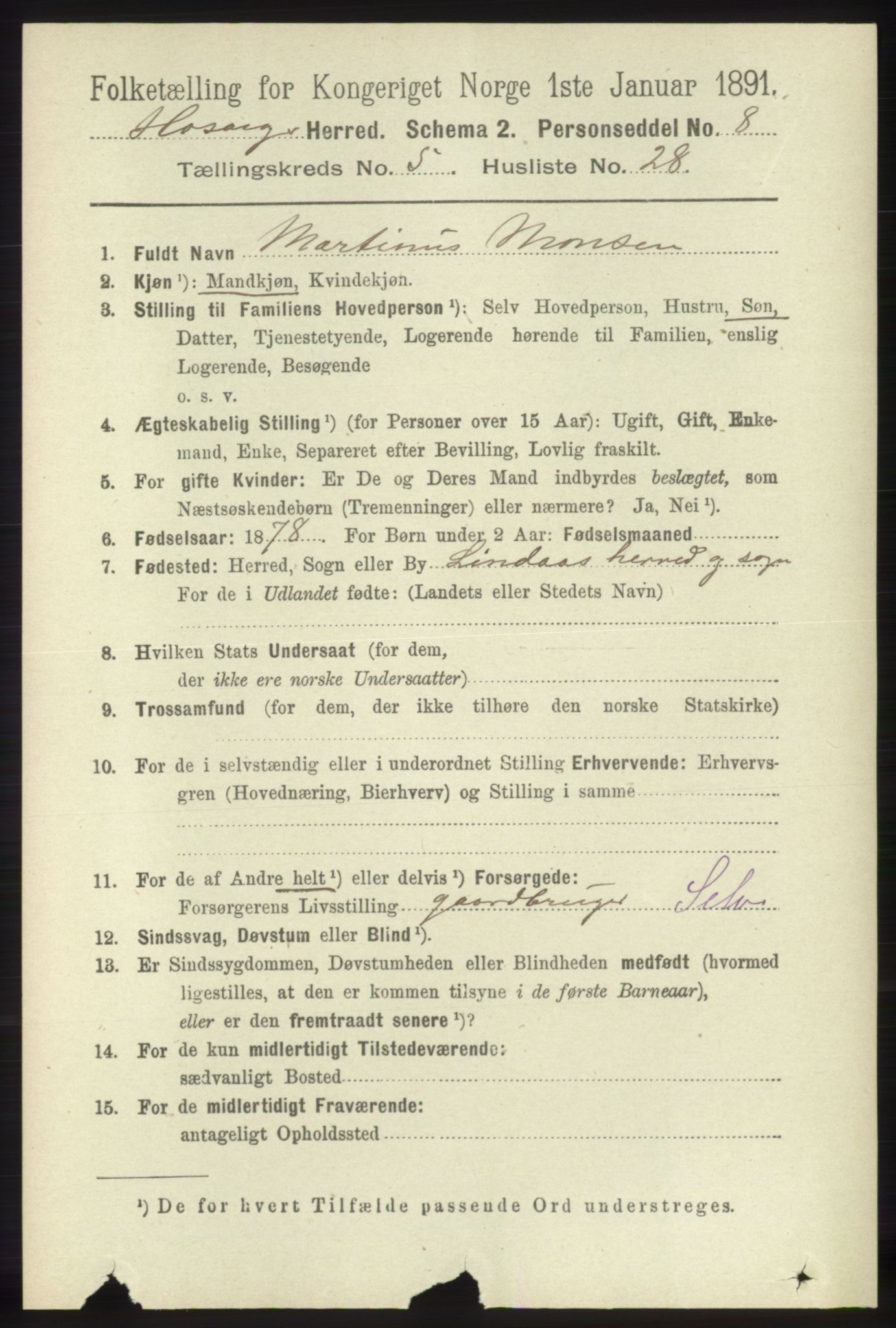 RA, 1891 census for 1253 Hosanger, 1891, p. 1989