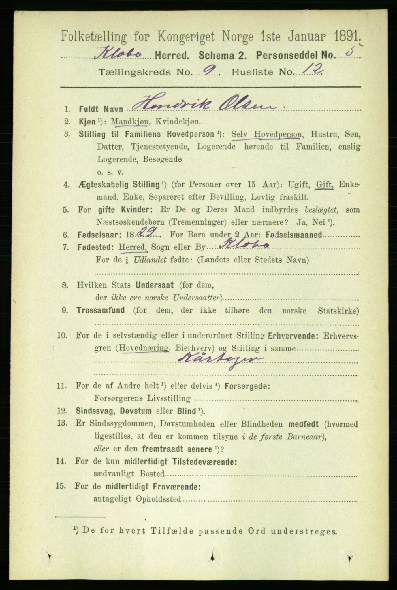 RA, 1891 census for 1662 Klæbu, 1891, p. 1812