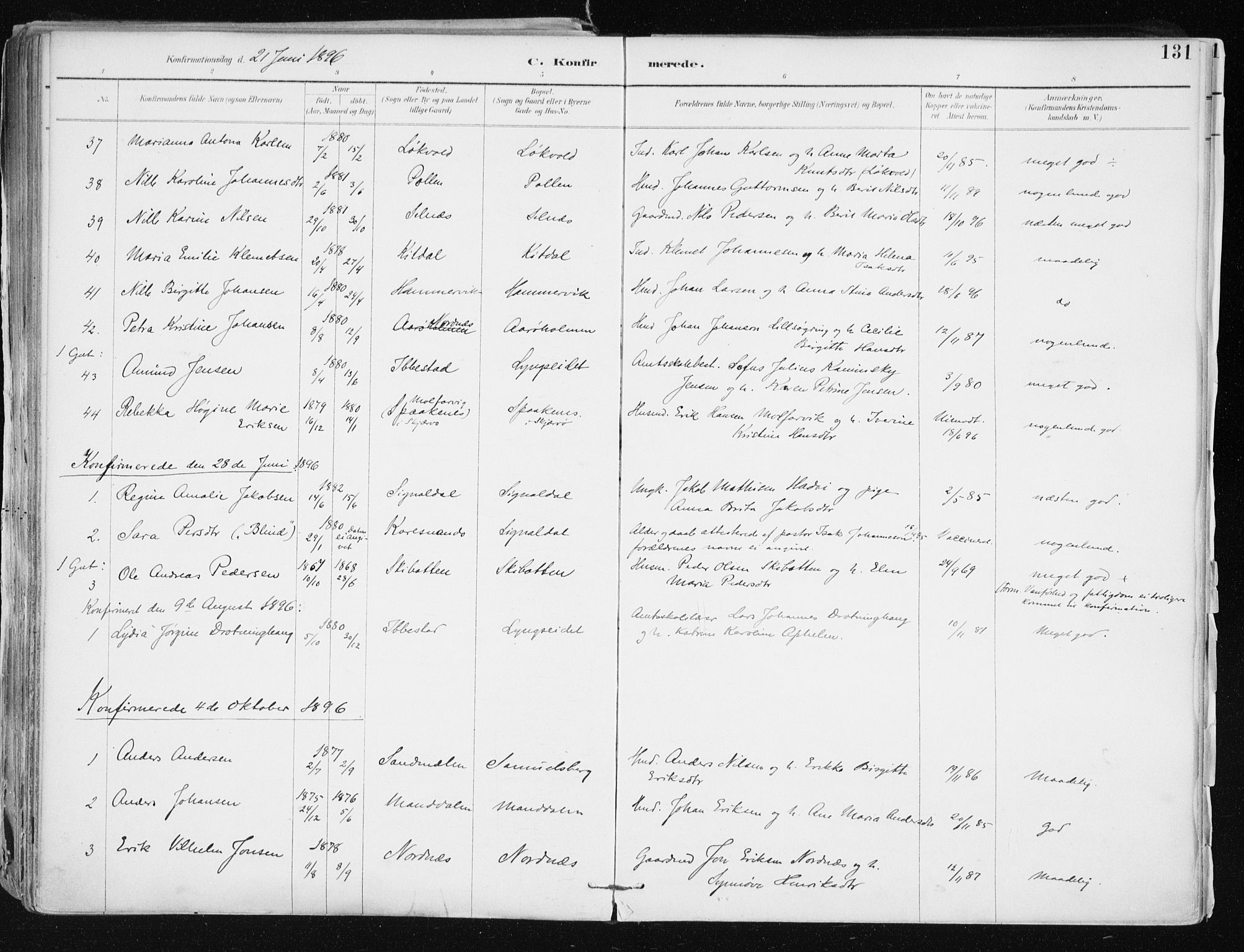 Lyngen sokneprestembete, AV/SATØ-S-1289/H/He/Hea/L0008kirke: Parish register (official) no. 8, 1891-1902, p. 131