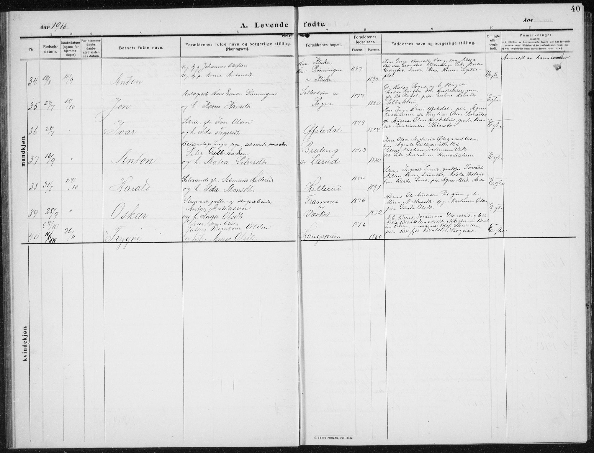 Biri prestekontor, SAH/PREST-096/H/Ha/Hab/L0006: Parish register (copy) no. 6, 1909-1938, p. 40