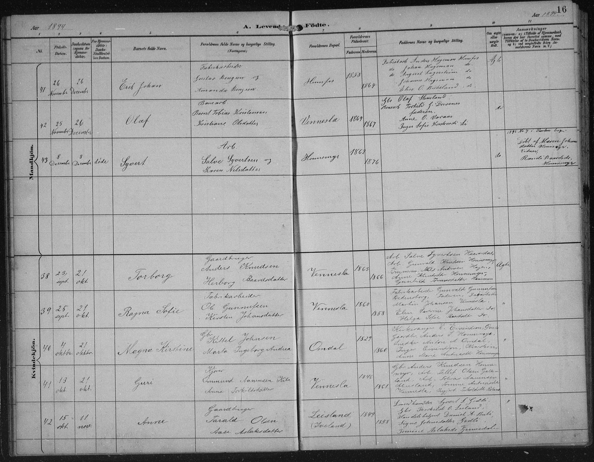 Vennesla sokneprestkontor, AV/SAK-1111-0045/Fb/Fbb/L0004: Parish register (copy) no. B 4, 1893-1902, p. 16