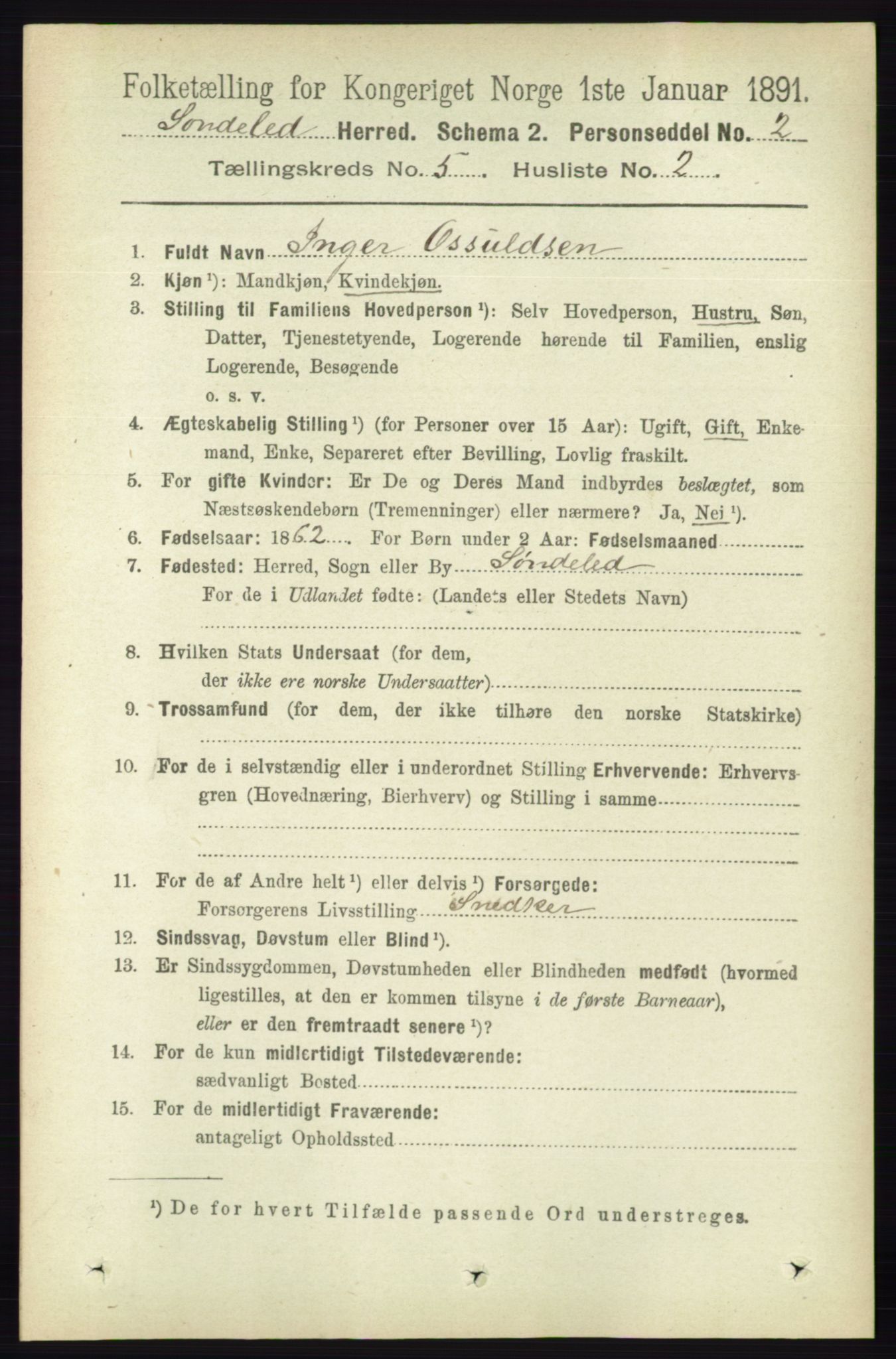 RA, 1891 census for 0913 Søndeled, 1891, p. 1223