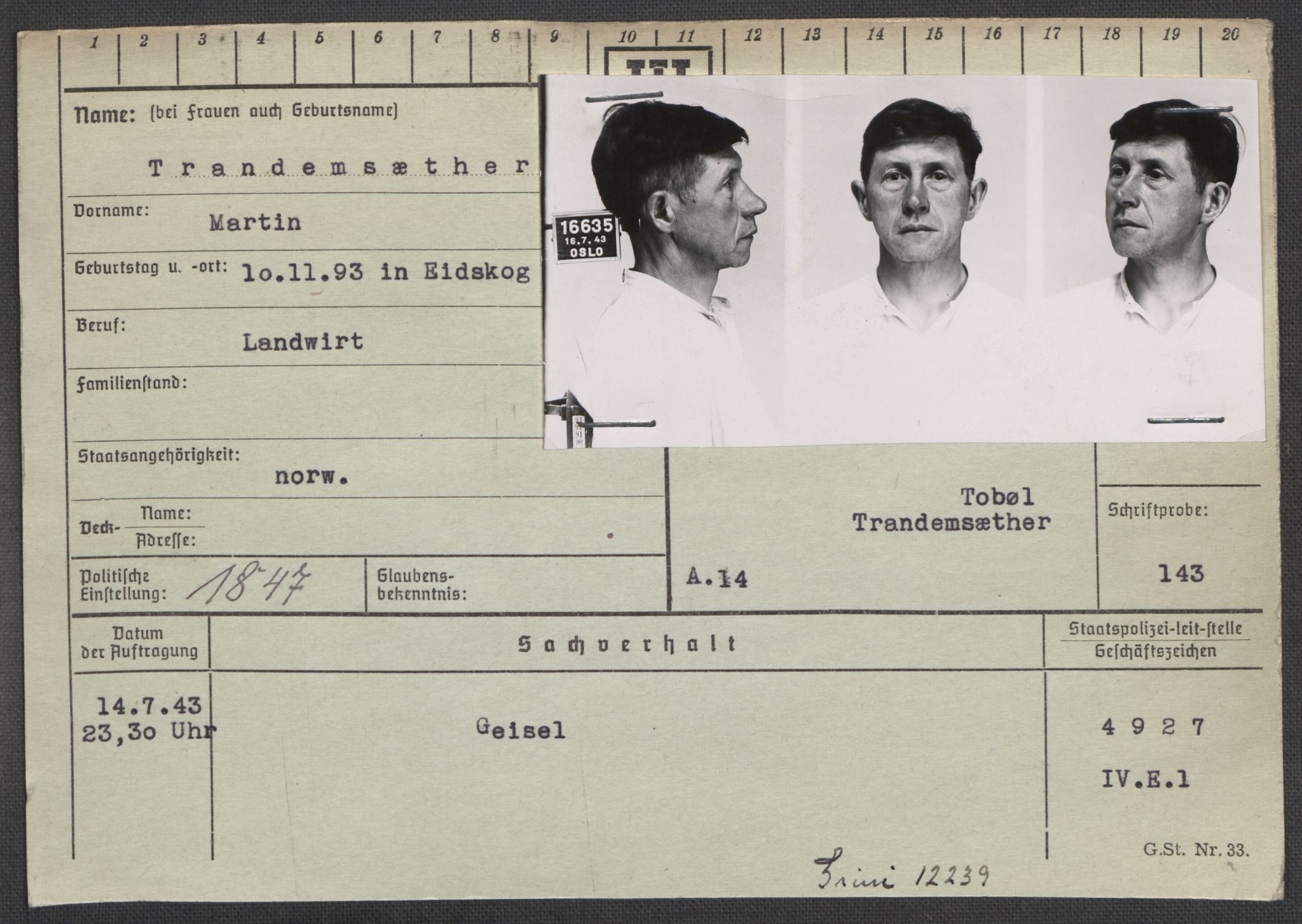 Befehlshaber der Sicherheitspolizei und des SD, RA/RAFA-5969/E/Ea/Eaa/L0010: Register over norske fanger i Møllergata 19: Sø-Å, 1940-1945, p. 496