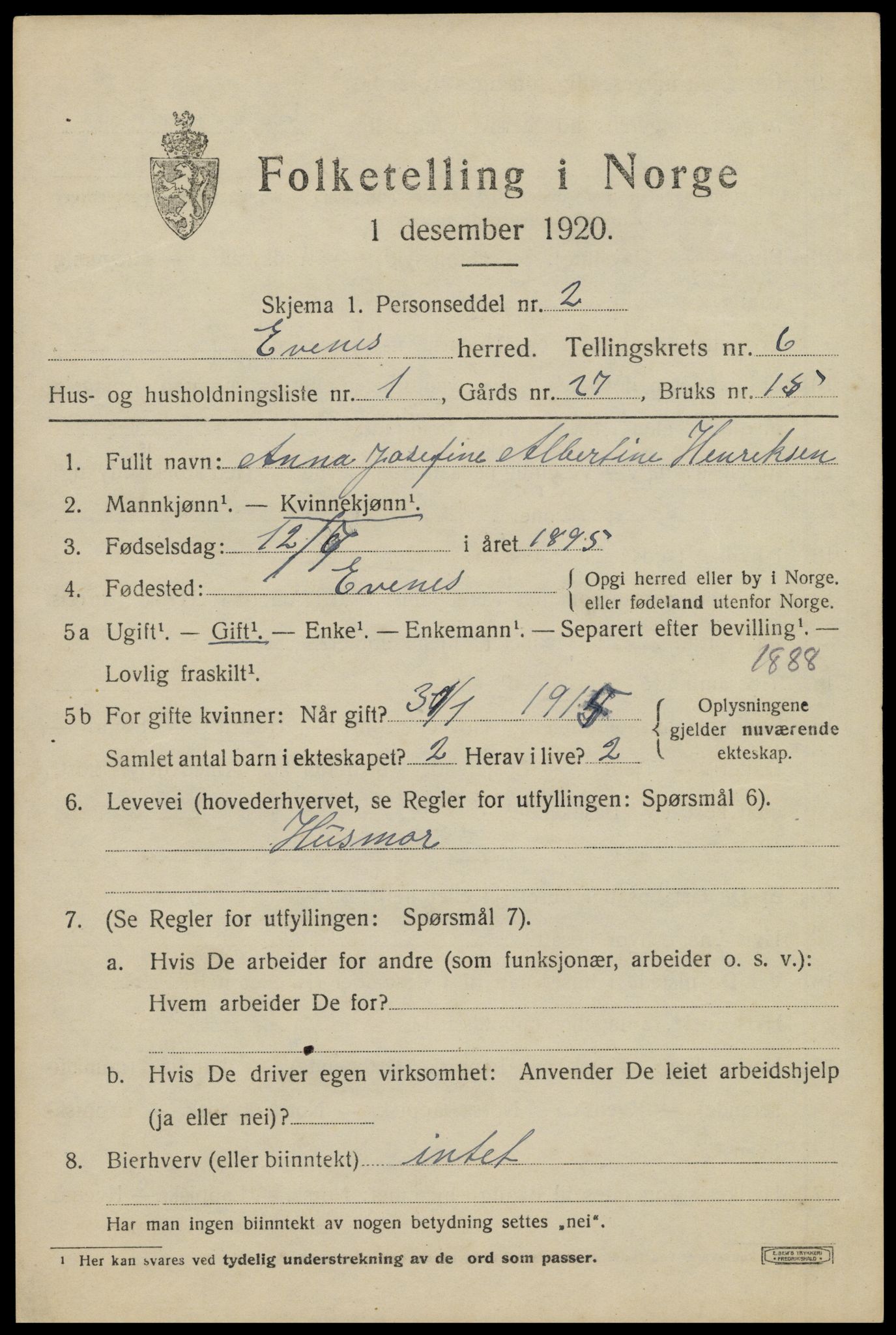 SAT, 1920 census for Evenes, 1920, p. 5452