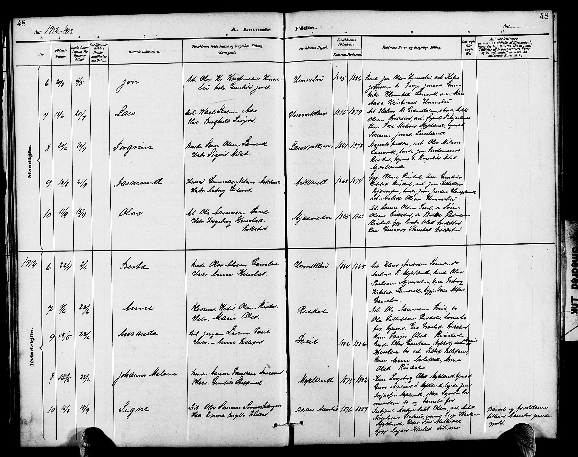 Herefoss sokneprestkontor, AV/SAK-1111-0019/F/Fb/Fbc/L0003: Parish register (copy) no. B 3, 1887-1915, p. 48