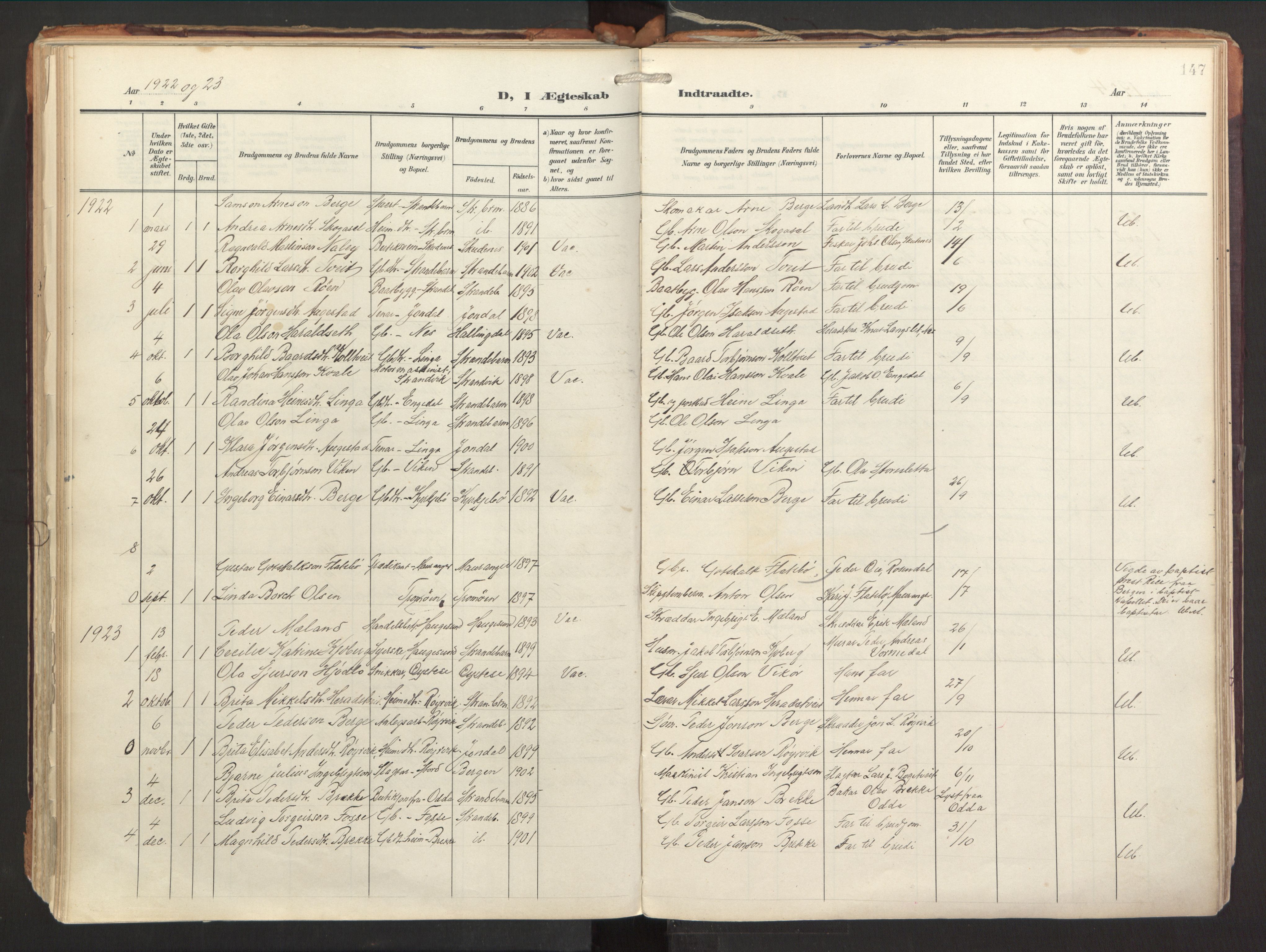 Strandebarm sokneprestembete, AV/SAB-A-78401/H/Haa: Parish register (official) no. B 2, 1909-1941, p. 147