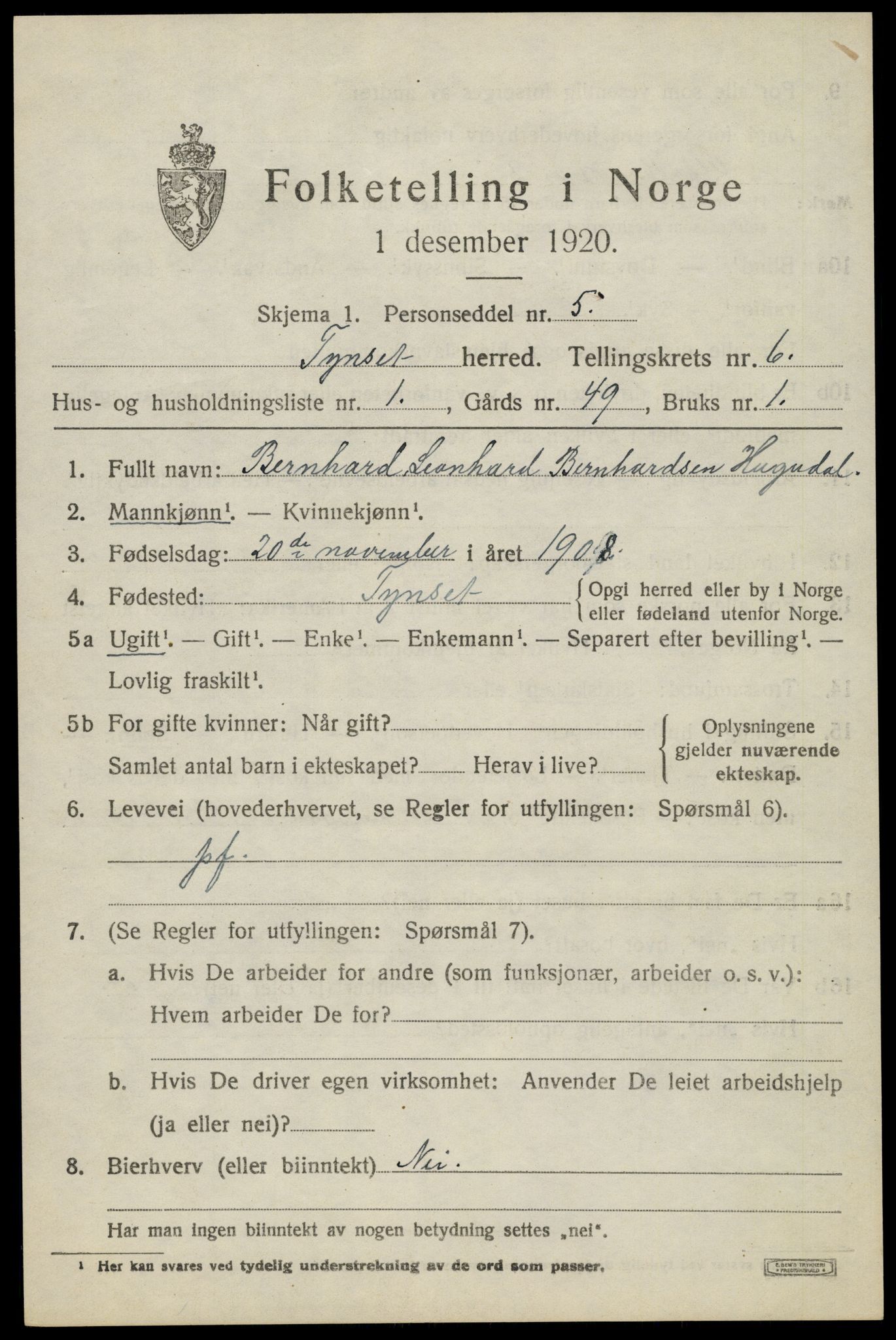 SAH, 1920 census for Tynset, 1920, p. 5518