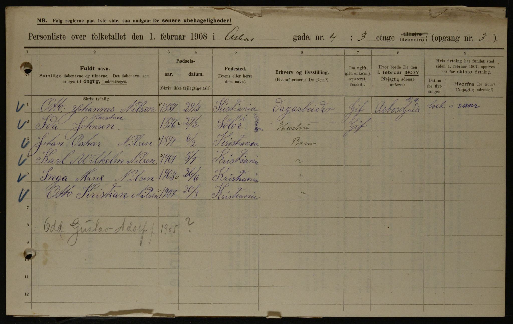 OBA, Municipal Census 1908 for Kristiania, 1908, p. 2098