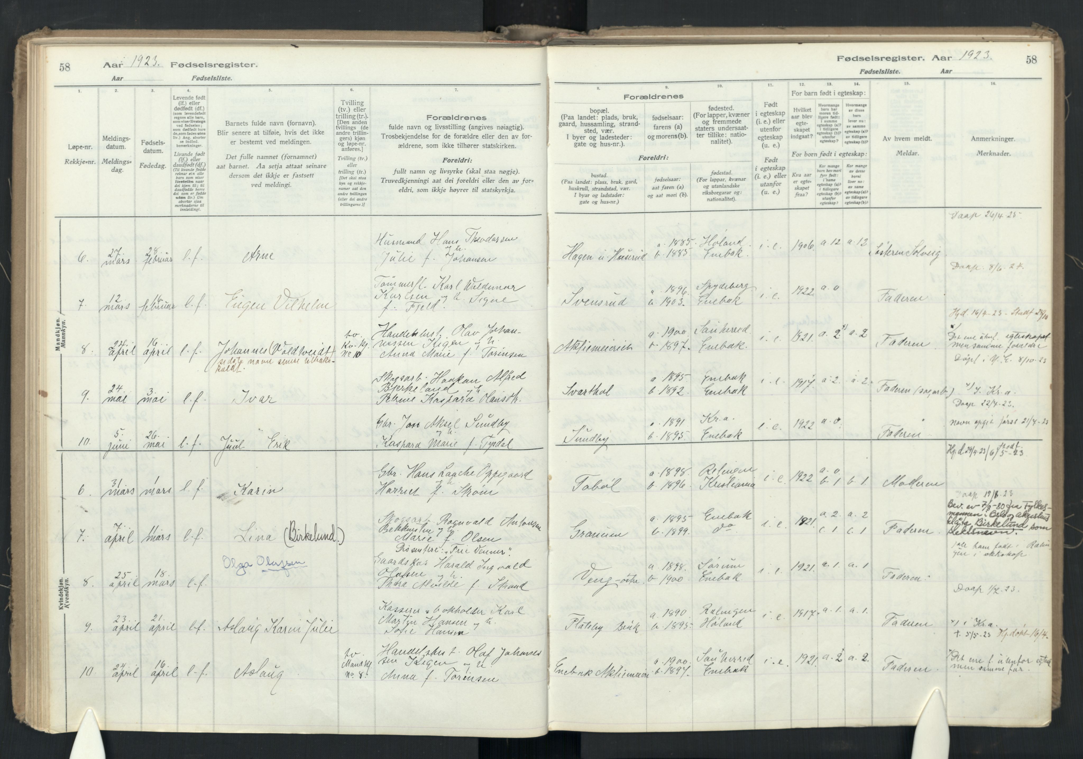 Enebakk prestekontor Kirkebøker, SAO/A-10171c/J/Ja: Birth register no. I 1, 1916-1948, p. 58
