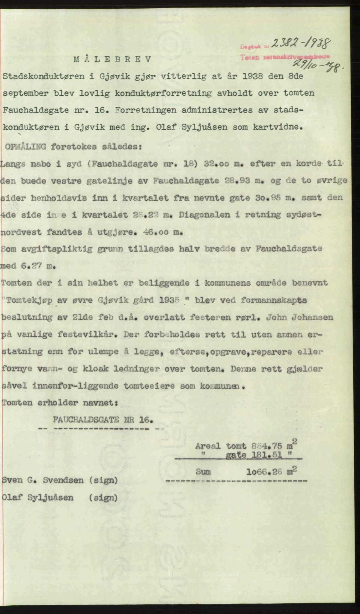 Toten tingrett, SAH/TING-006/H/Hb/Hbc/L0004: Mortgage book no. Hbc-04, 1938-1938, Diary no: : 2382/1938