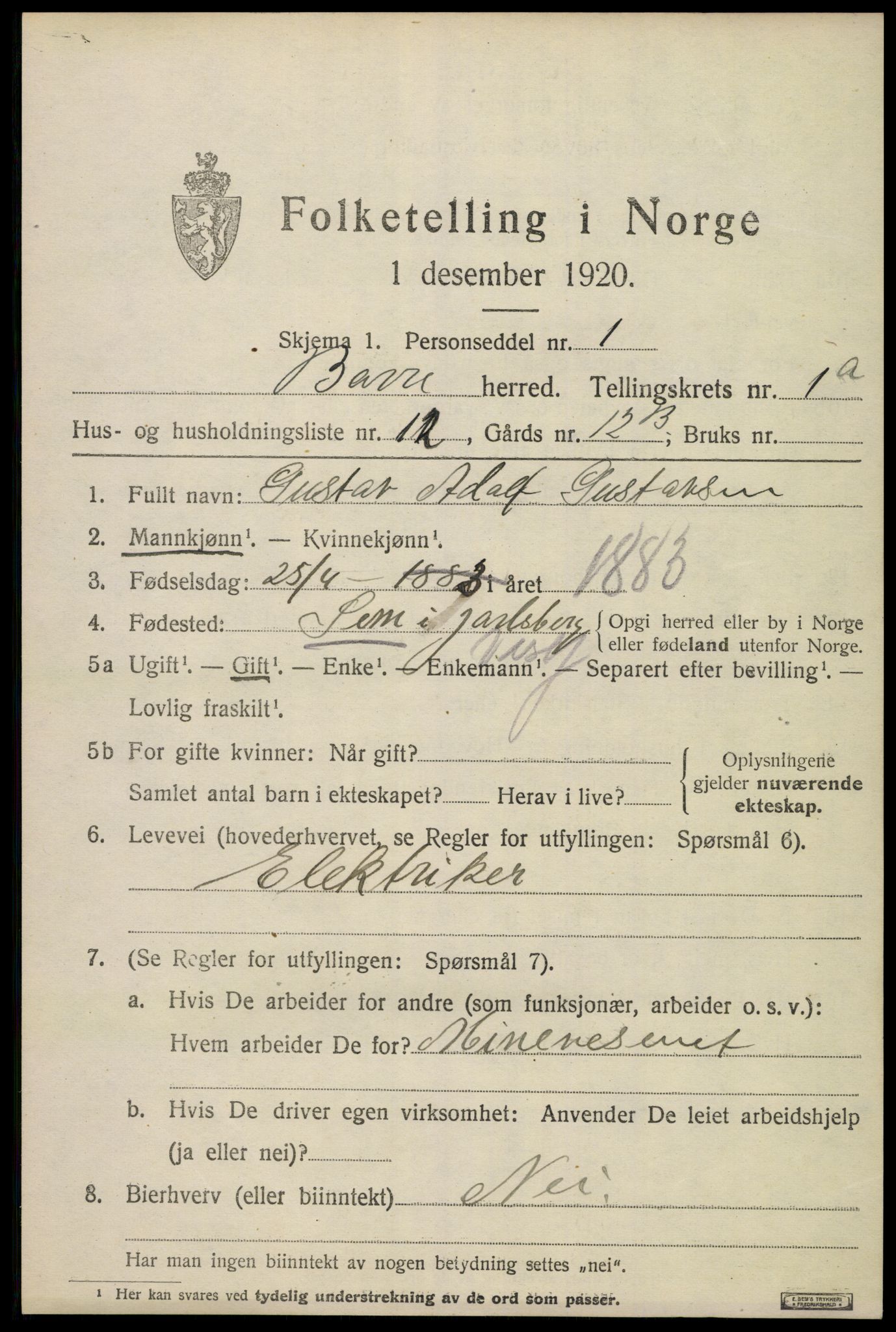 SAKO, 1920 census for Borre, 1920, p. 1558