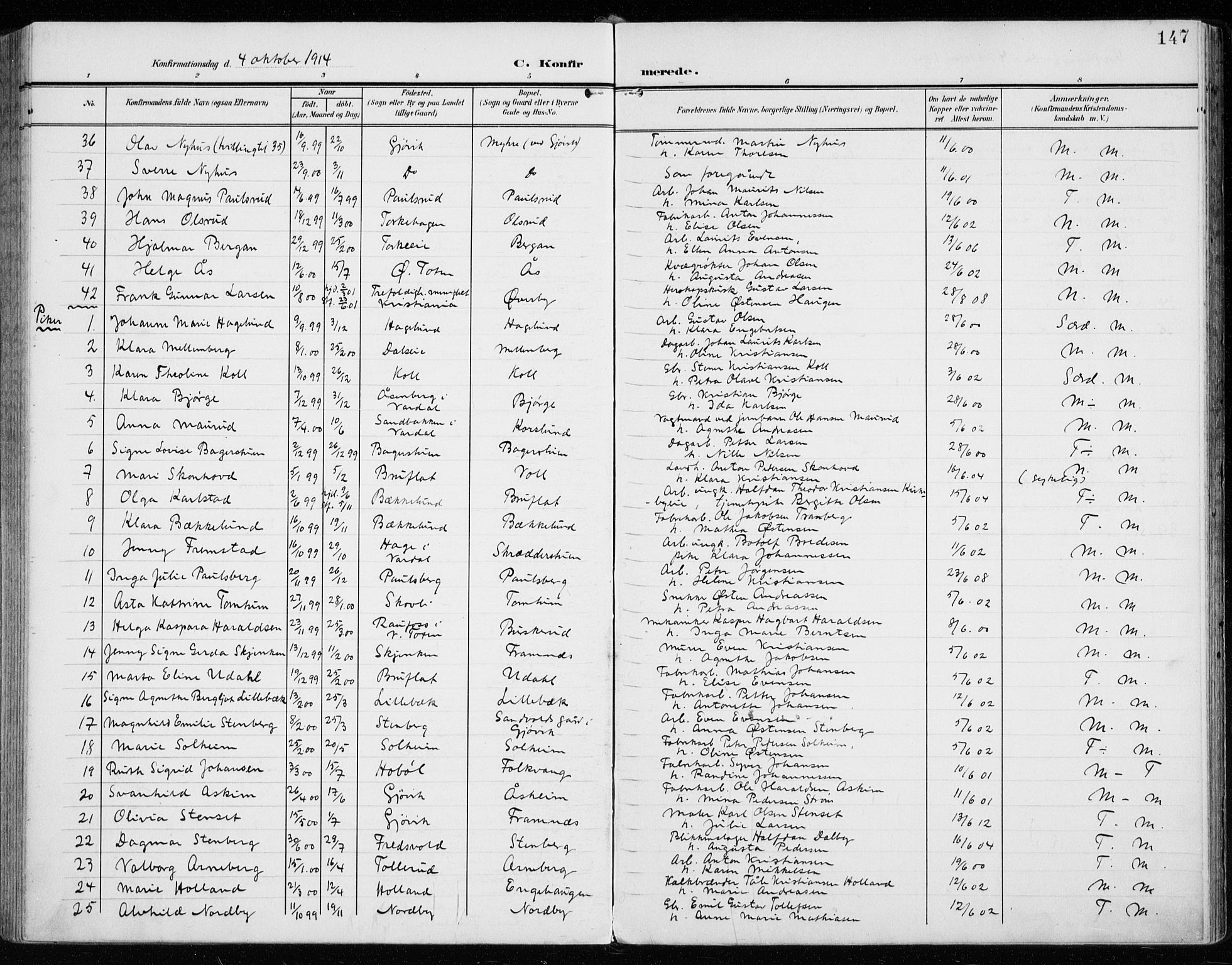 Vardal prestekontor, SAH/PREST-100/H/Ha/Haa/L0016: Parish register (official) no. 16, 1904-1916, p. 147