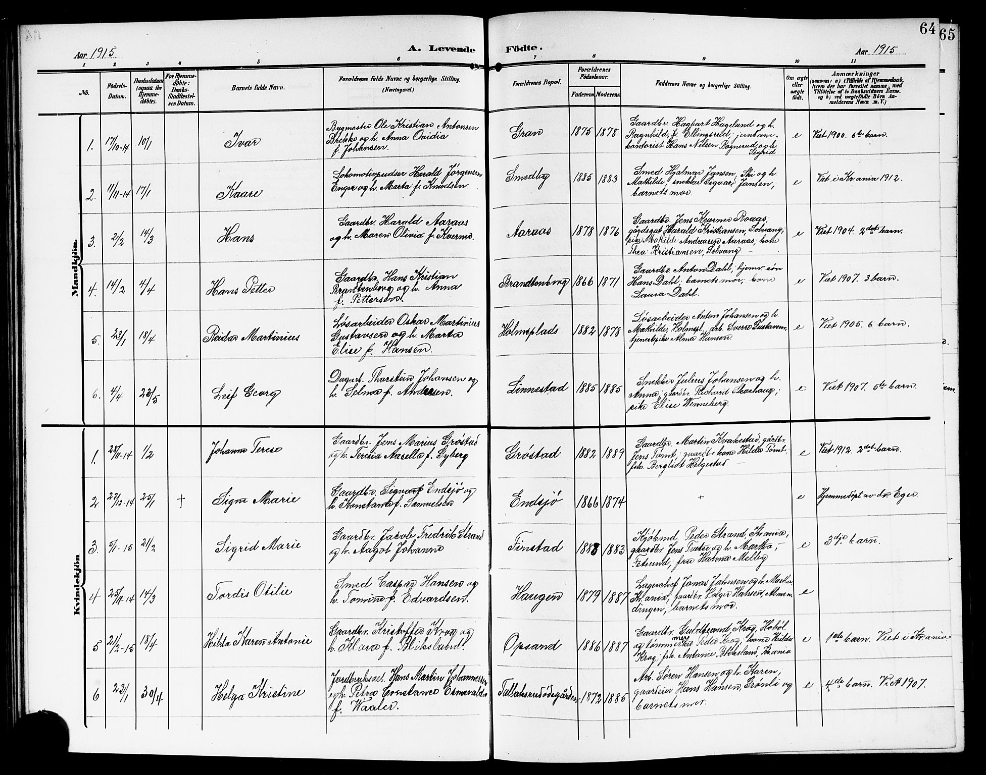 Kråkstad prestekontor Kirkebøker, SAO/A-10125a/G/Gb/L0001: Parish register (copy) no. II 1, 1905-1920, p. 64