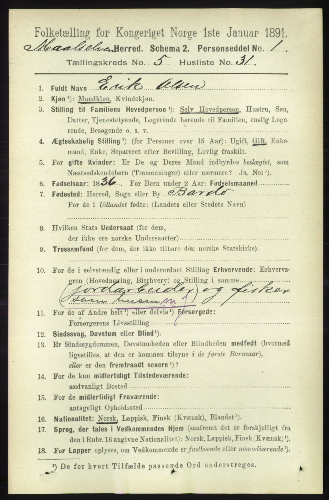RA, 1891 census for 1924 Målselv, 1891, p. 1821