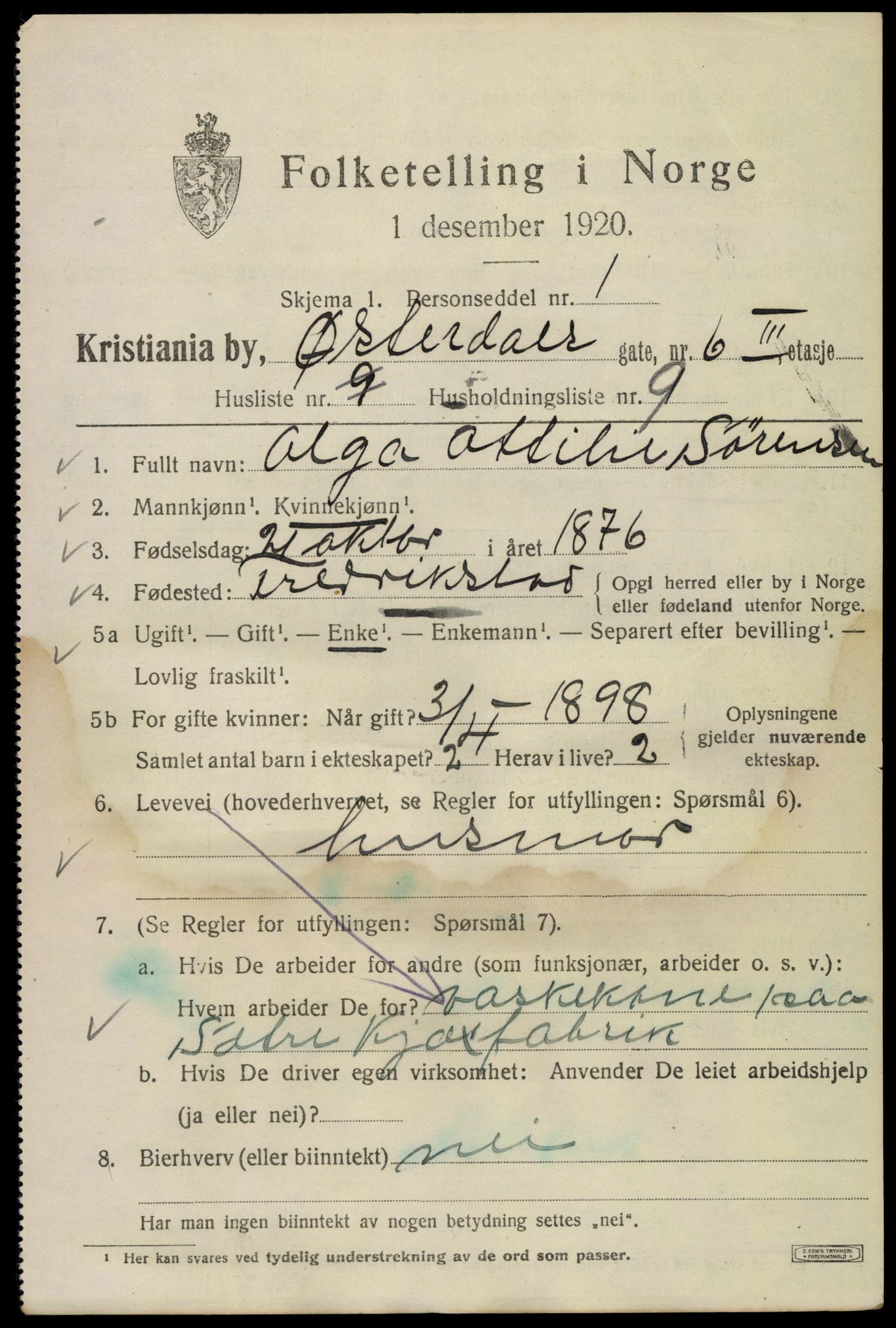 SAO, 1920 census for Kristiania, 1920, p. 656159