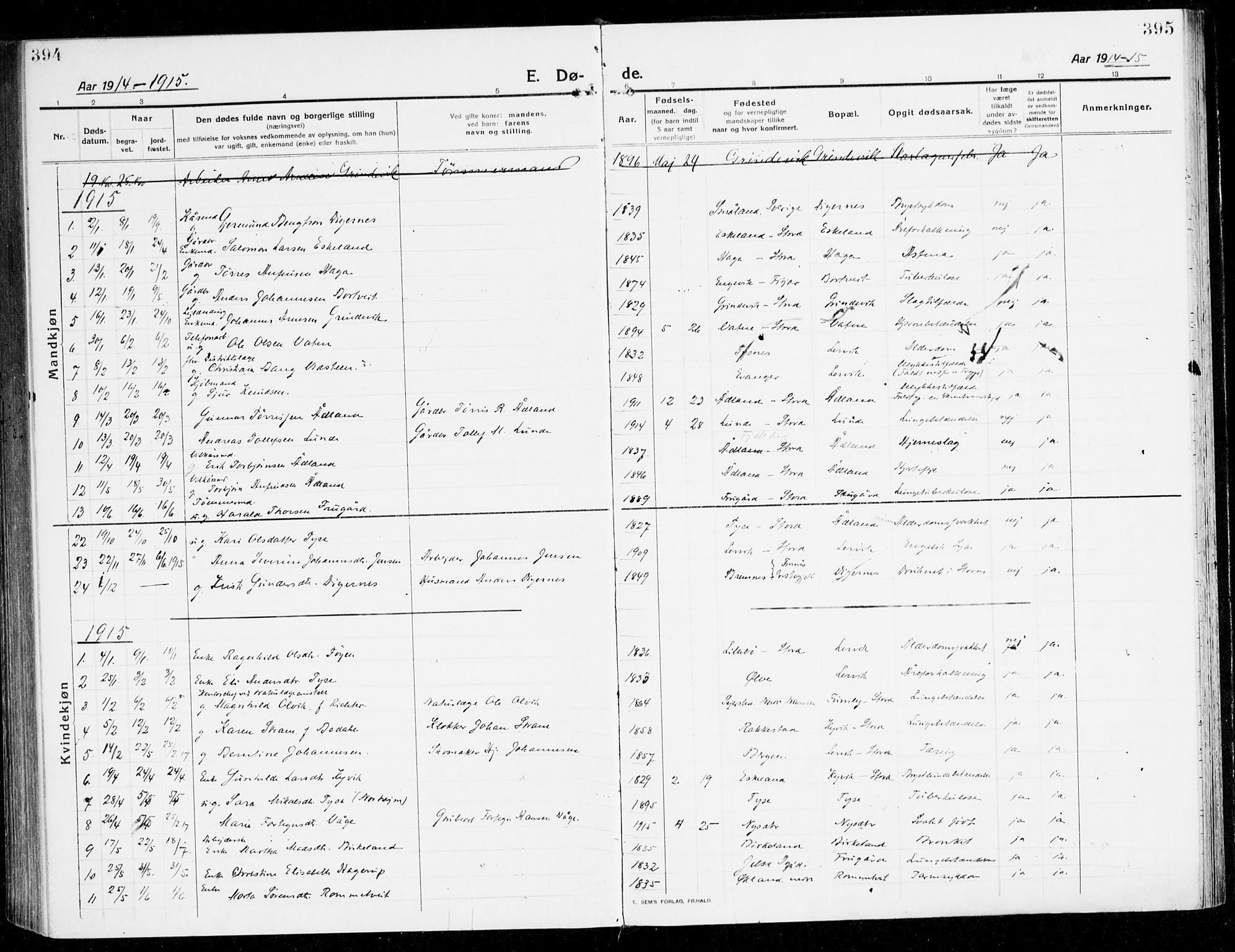 Stord sokneprestembete, SAB/A-78201/H/Haa: Parish register (official) no. B 3, 1913-1925, p. 394-395